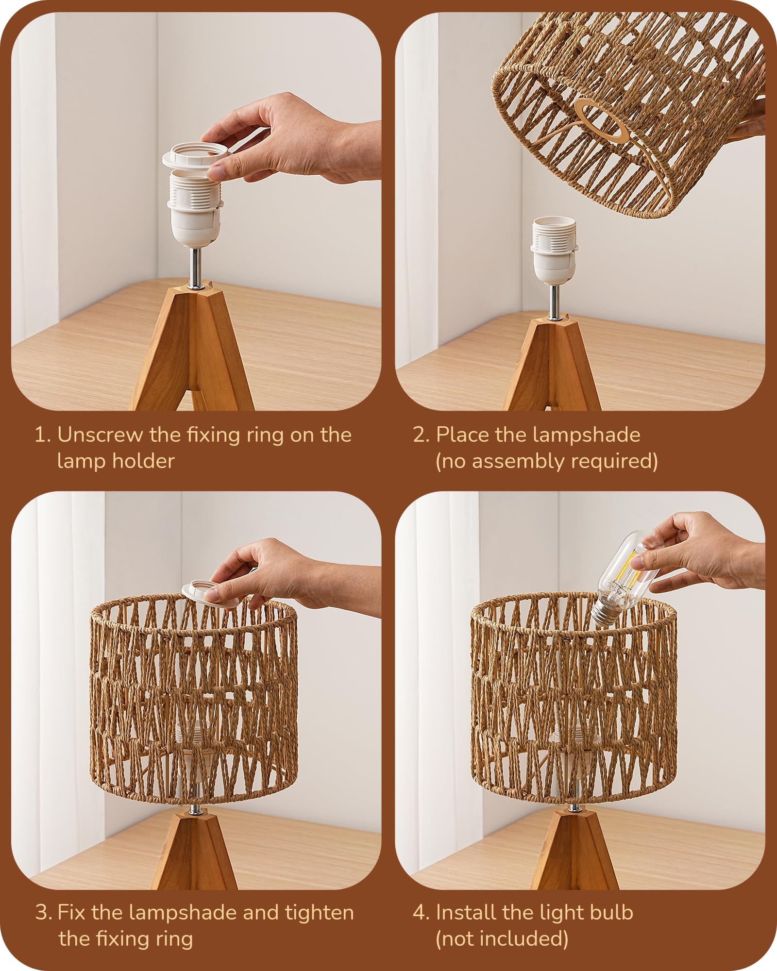 Edishine Small Table Lamp, Rattan Wood Tripod Bedside Lamp, Boho Nightstand Lamp For Living Room, End Table, Office, E26 Base, N