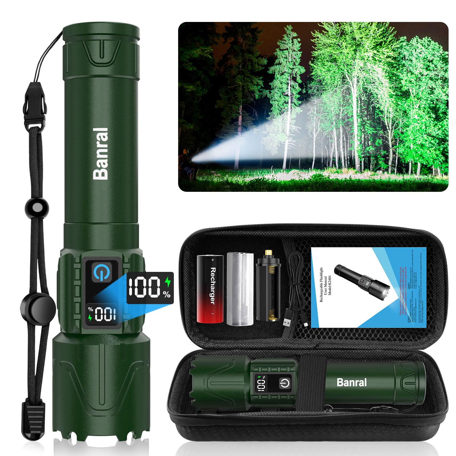 Banral Tactical Flashlight - 5000mAh LED, Waterproof, 5 Modes, Zoomable, Green, Model K-2401-B