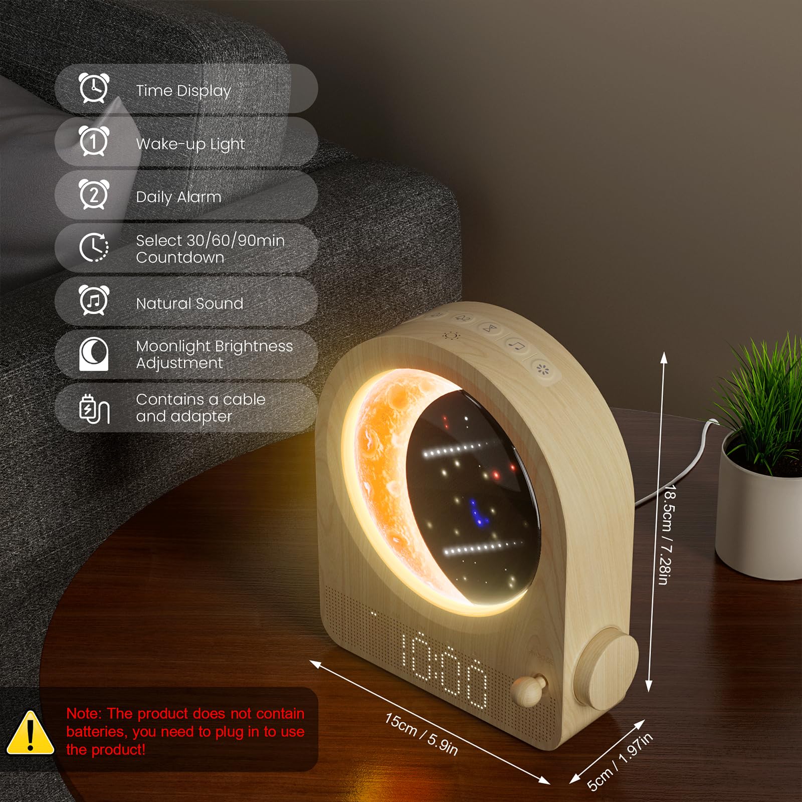 blonbar Sunrise Alarm Clock with Dimmable Moon Lamp, Dual Alarm, 12 Levels Volume, Natural Sounds, Woodgrain, Model AJ350A