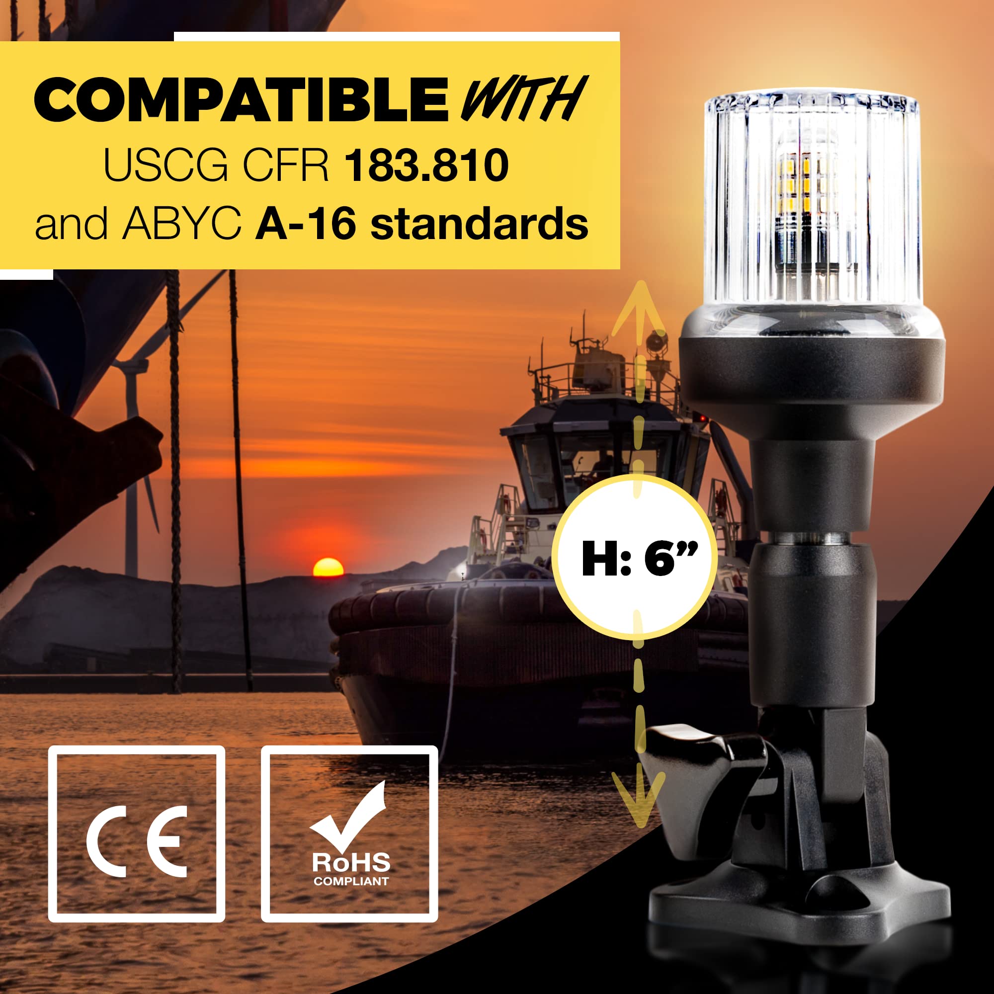 Everbeam P600 Adjustable Stainless Steel Anchor Light - 360° Visibility for 3 Nautical Miles - Weatherproof - Clear