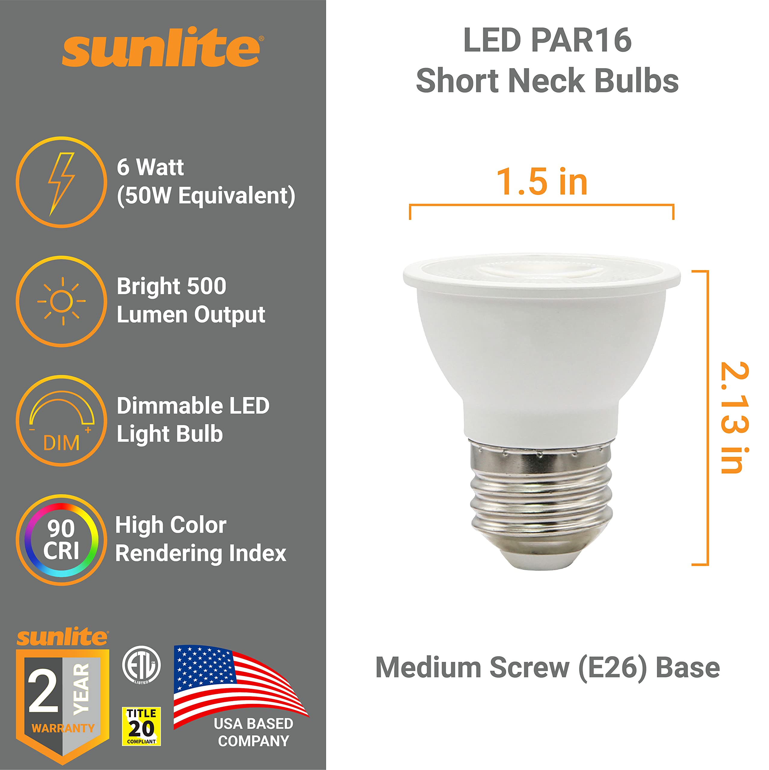 Sunlite Led Par16 Short Neck Recessed Flood Light Bulb 6-Watt, (50W Halogen Replacement), 500 Lumens, Medium E26 Base, Dimmable,