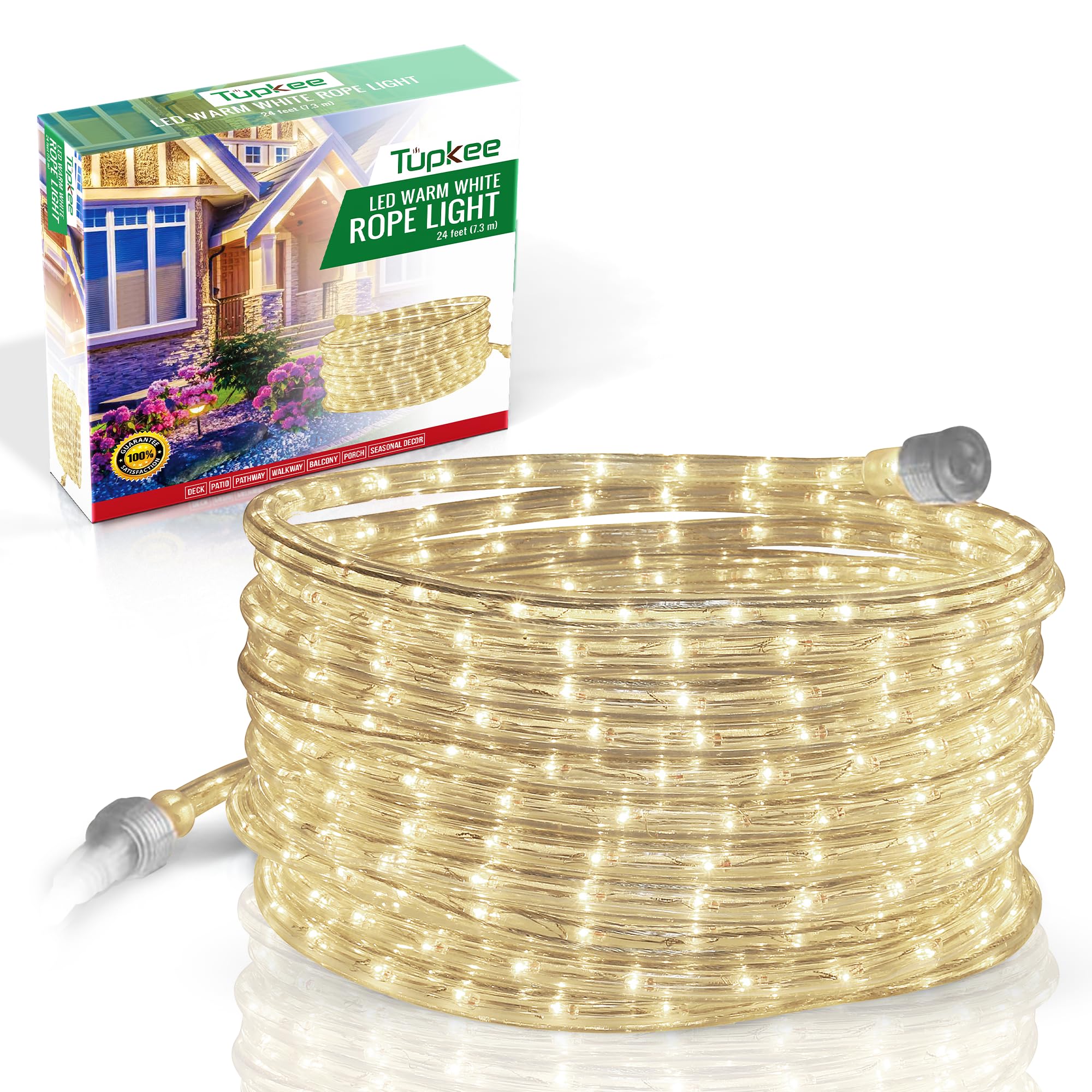 Tupkee LED Rope Light - Warm-White, 24 Feet, 144 LEDs, PVC Tube and Copper Wire, Model RL-24-LWW, Indoor/Outdoor Use