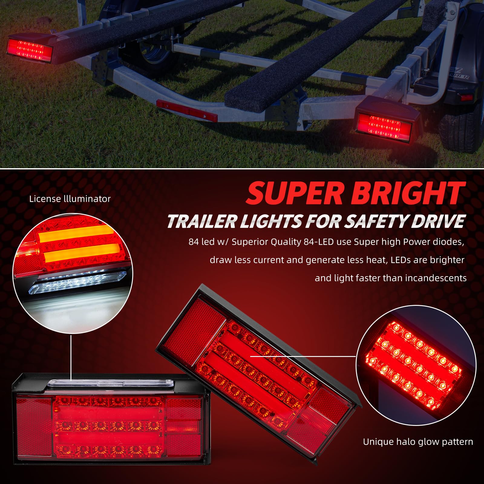 Hifybaty LED Trailer Lights Kit - Submersible Rectangular Tail Lights for Boat Trailer RV Truck - Model HF-TL_Square_01 - Red
