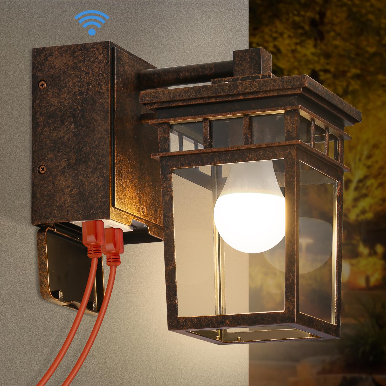 Porch Light with GFCI Outlet, Dusk to Dawn Outdoor Lighting with Aluminum Frame and Clear Glass Shade, Waterproof Wall Sconce Ou