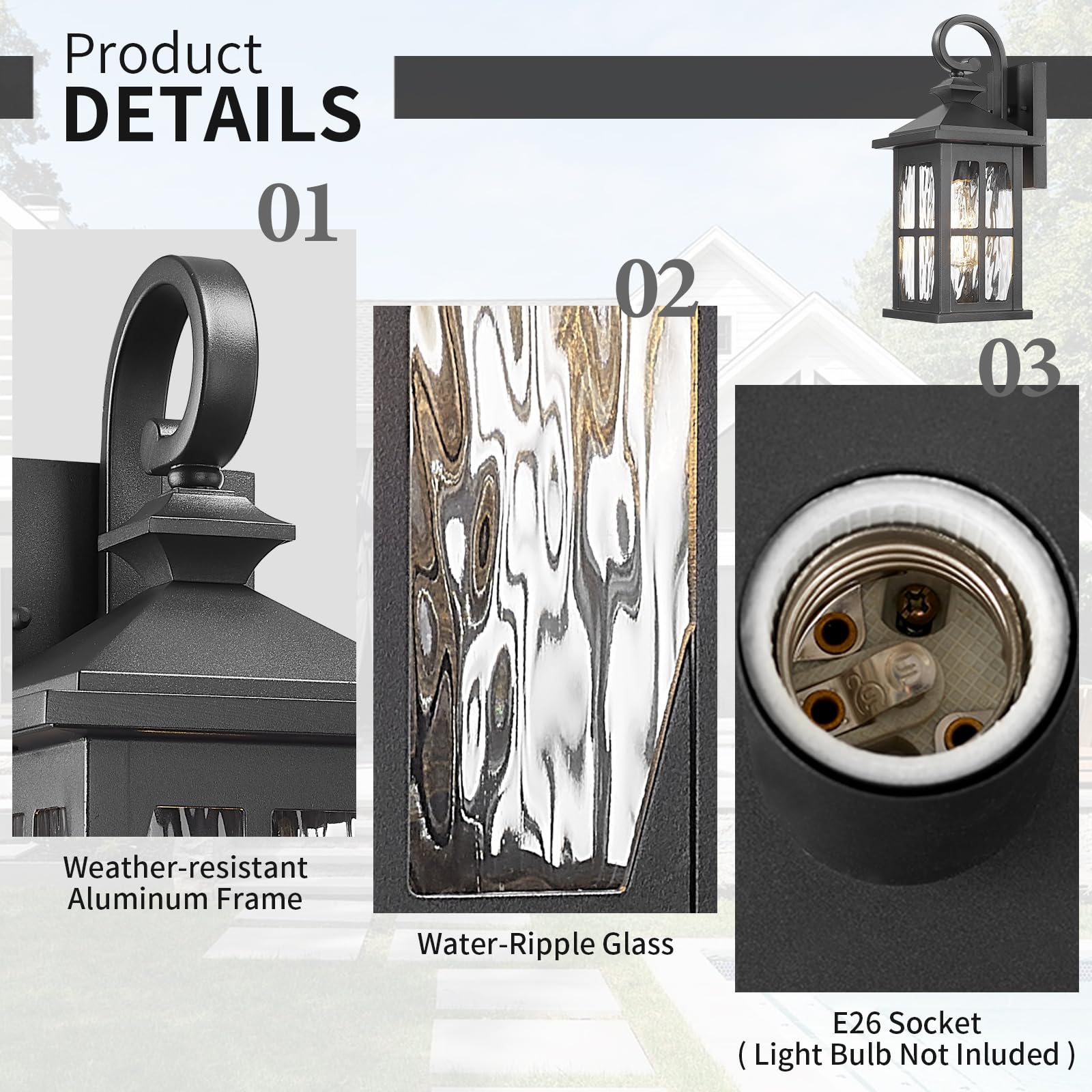 Darkaway Outdoor Wall Lights, 2-Pack Medium, Water Ripple Glass, Black Aluminum, Model 6D11B, Ideal for Porch, Hallway, Garage, Front Door