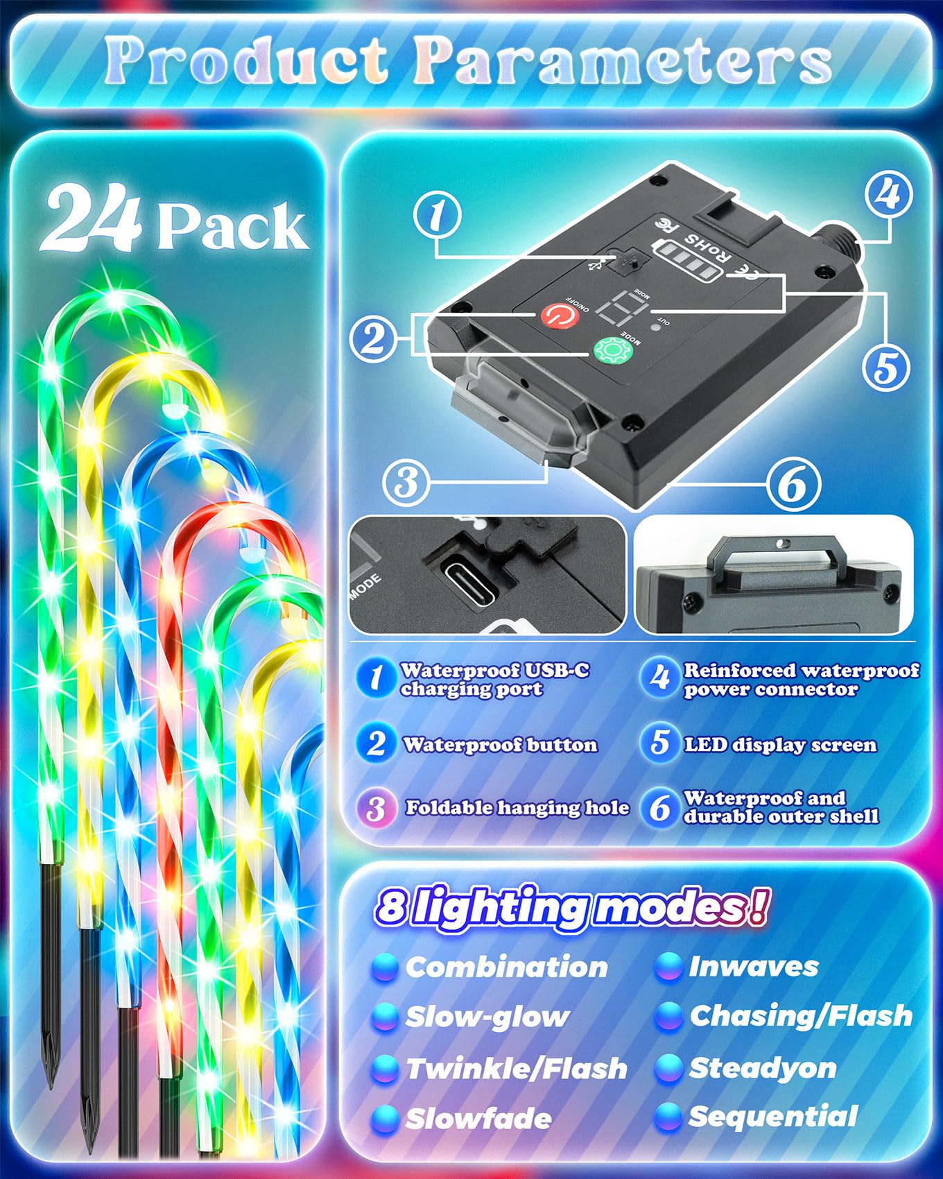 Anordsem Solar Christmas Decorations Outdoor: 21 Candy Cane Stake Lights 24 Pack - Waterproof Led 8 Colorful Lighting Models For Yard Pathway Xmas Tree Decor - 2026 New Year Gifts For Homeowners
