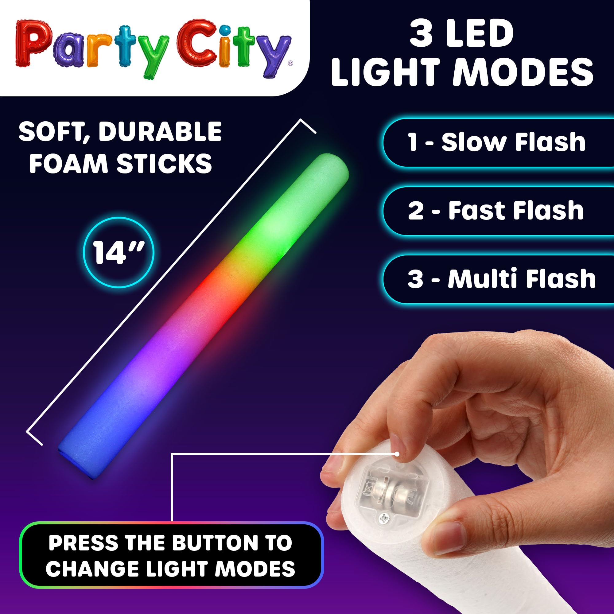 Party City LED Foam Glow Sticks 24pk - 14" Colorful Light Up Wands with 3 Modes - Glow in the Dark Party Supplies