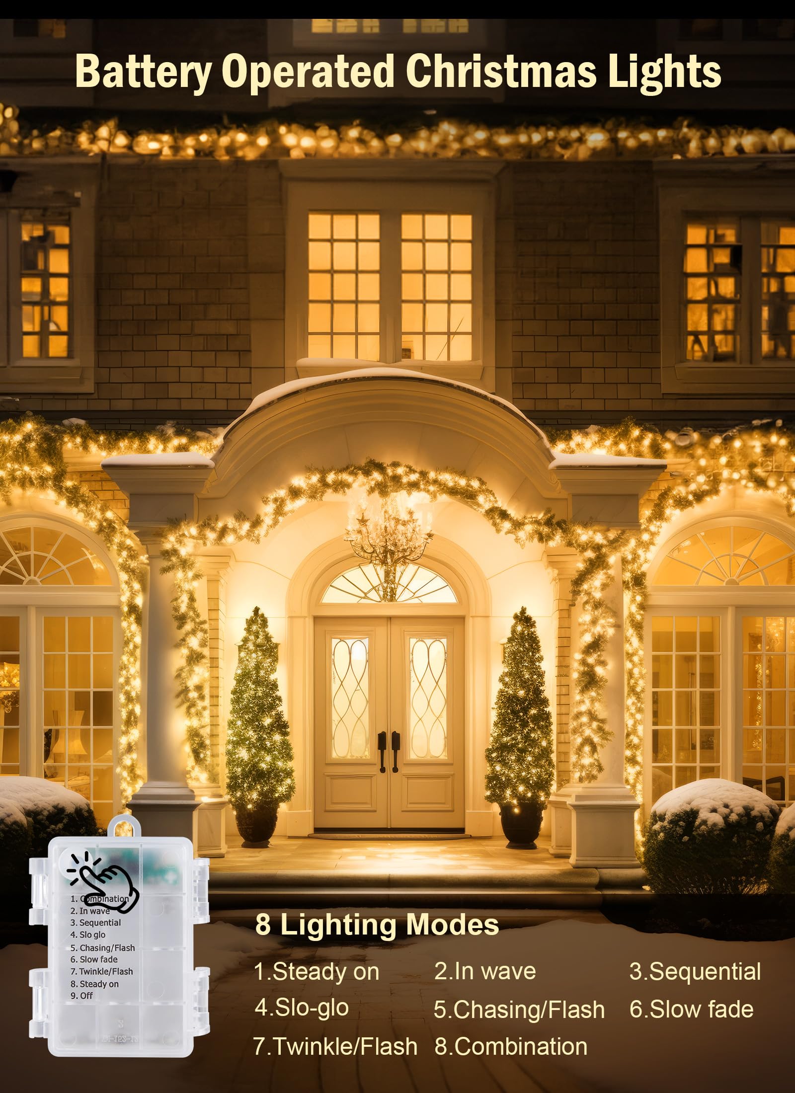 Minetom Battery Operated String Lights, 4 Pack 66FT, 200 LED, Waterproof, Warm White, Model 3AA-LUO