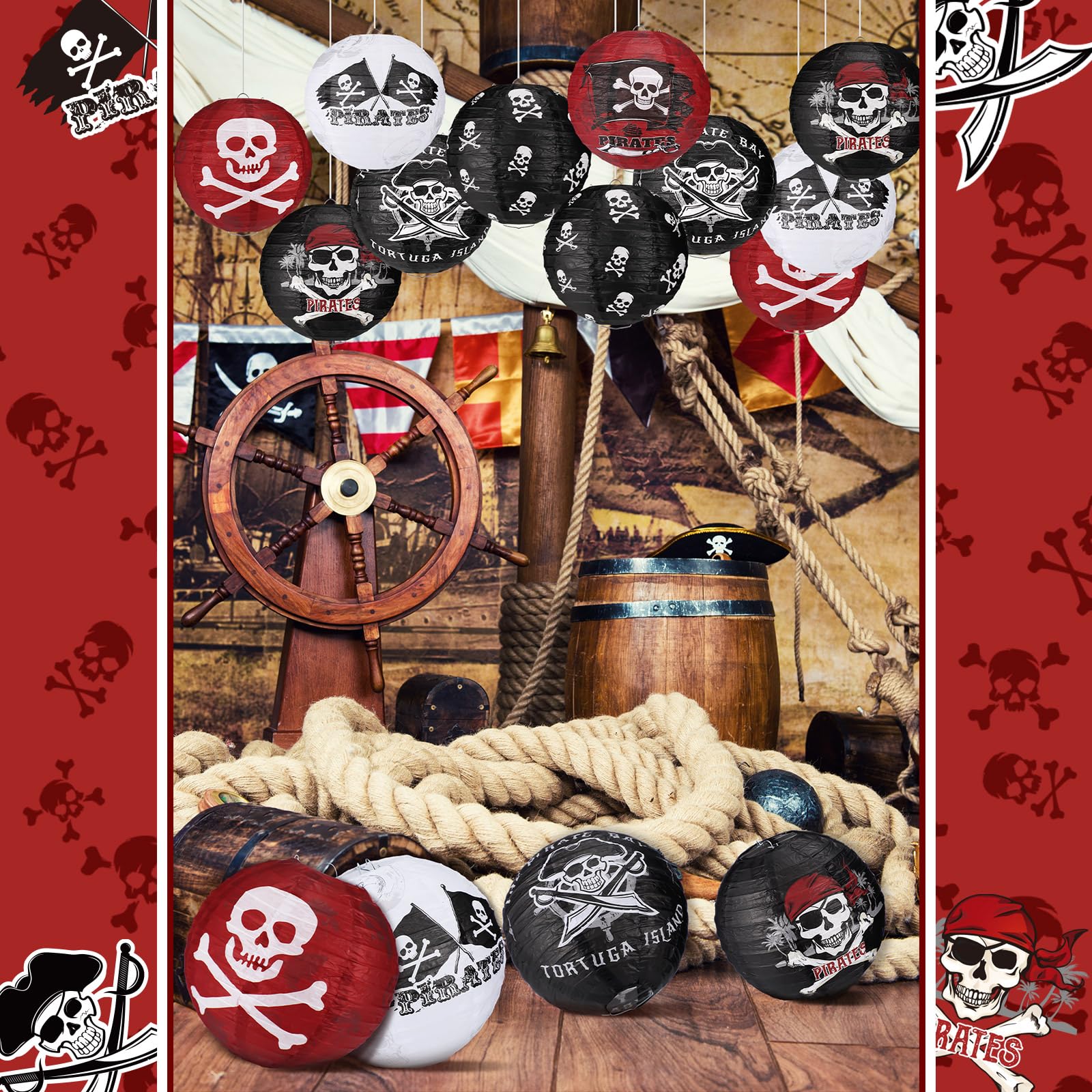 Panelee 12 Pcs Pirate Theme Paper Lanterns Party Decorations 8 Inch Hanging Round Hanging Paper Party Decorations For Holiday In