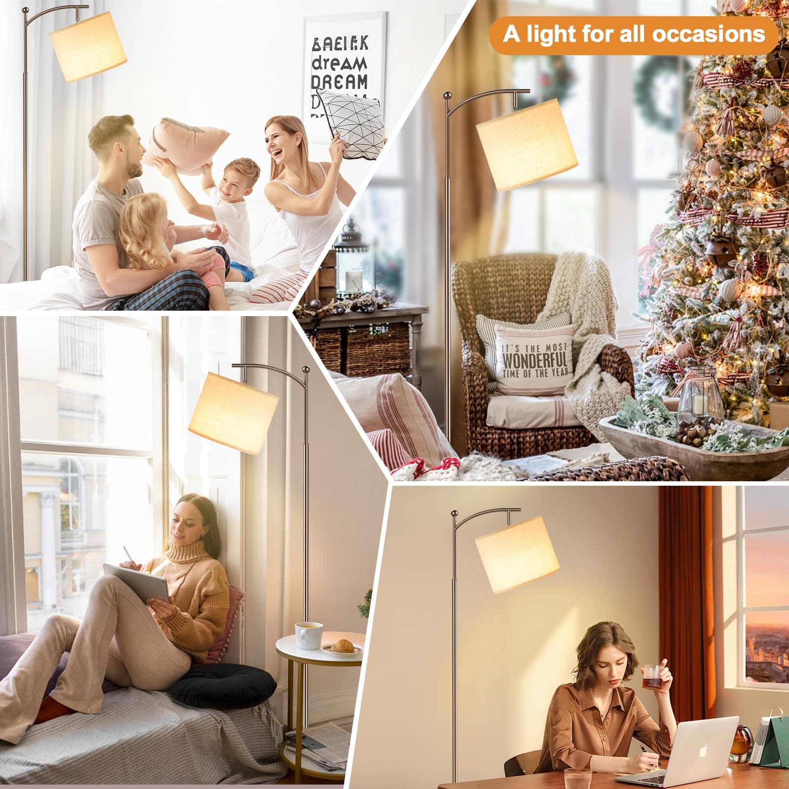 60'' Floor Lamps With Remote Control & Bulb, Colors Temperature & Brightness Adjustable, Deep Beige Shade & Brown Pole