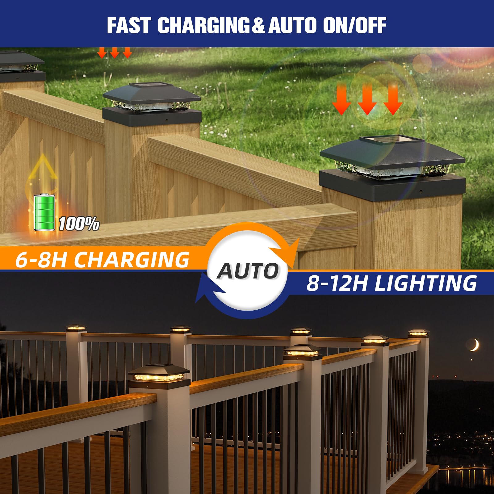 APONUO Solar Post Cap Lights, Black, 8 Pack, Warm White LED, IP64 Waterproof, Model TZ10W, for Deck, Fence, and Patio