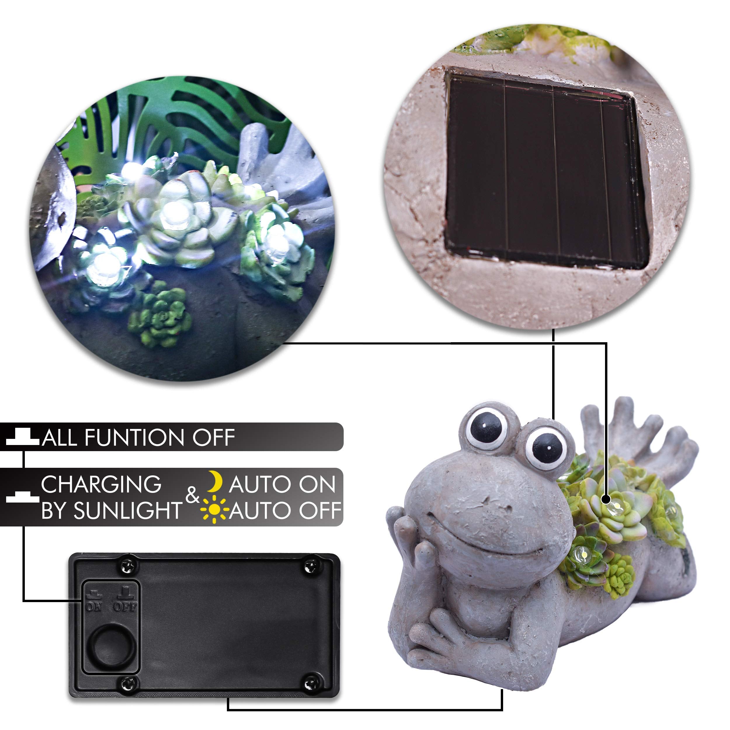TERESAS COLLECTIONS Frog Garden Statue with Solar Light, Waterproof Resin, 5.5in, Gray, Cute Decor for Indoor/Outdoor