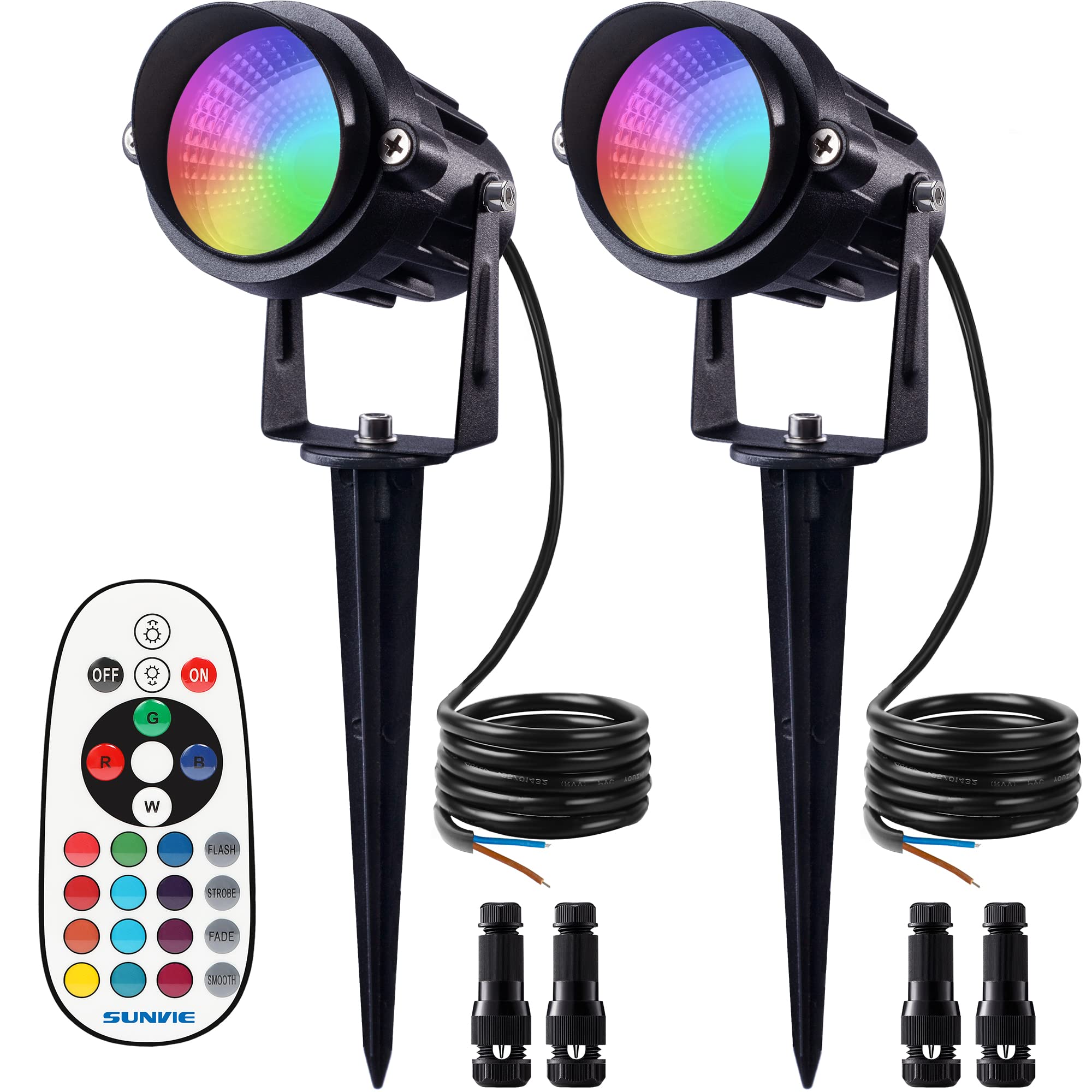 SUNVIE 12W RGB Landscape Lights, Waterproof LED for Yard Garden, Remote Control, 2 Pack, Black, Aluminum