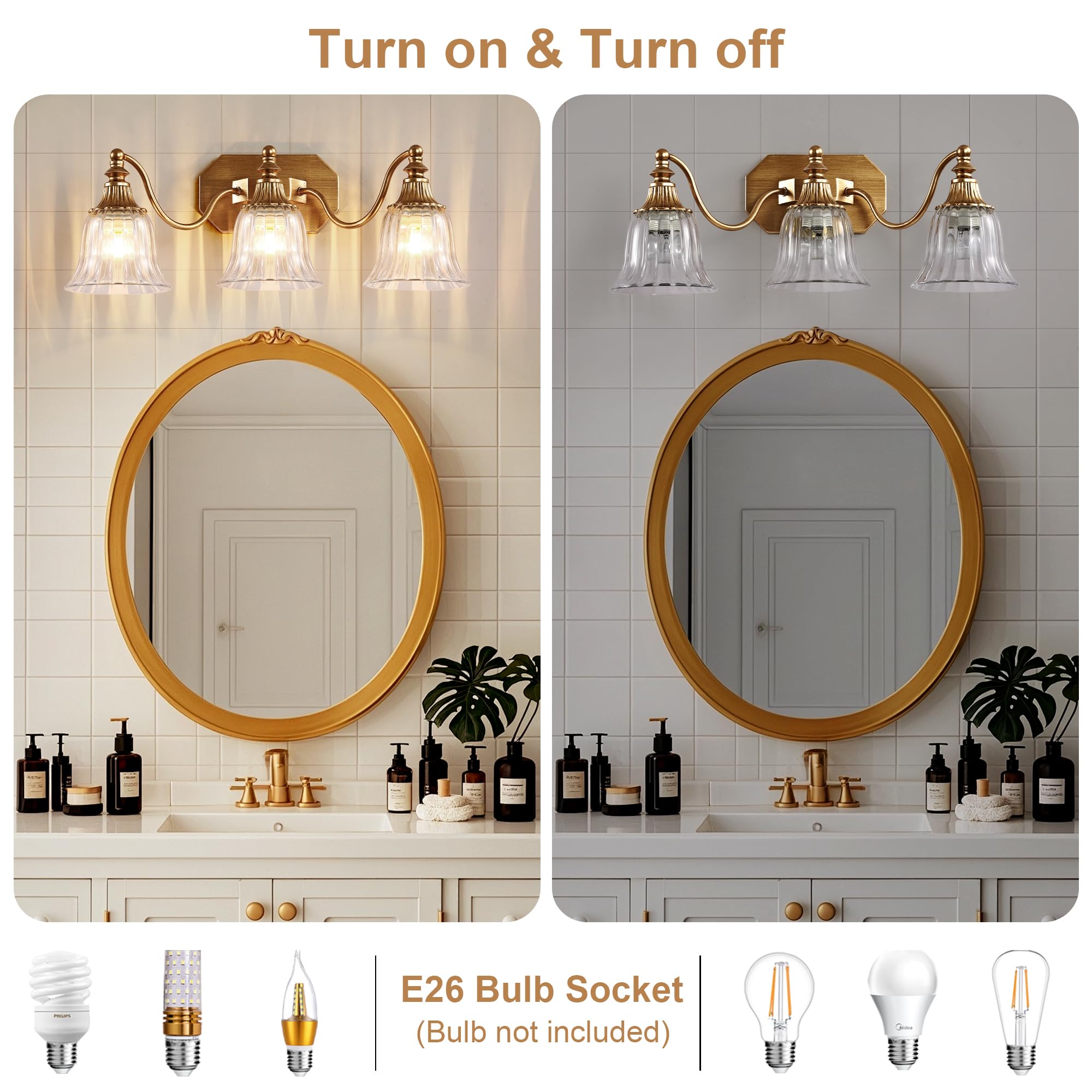 DvmTeom 3-Light Vintage Bathroom Vanity Light Fixture, Antique Brushed Gold with Crystal Glass Shade, Model D6001