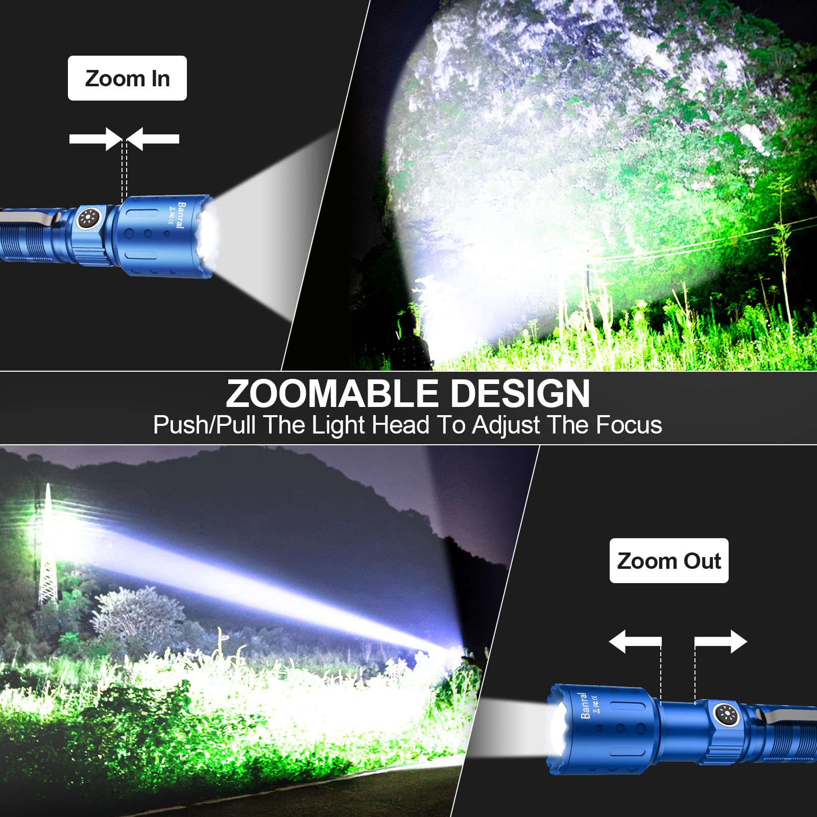 Banral Flashlight - High Lumens Rechargeable LED Tactical Light, 6 Modes, Waterproof, Compact, Blue, Model K-2316-B