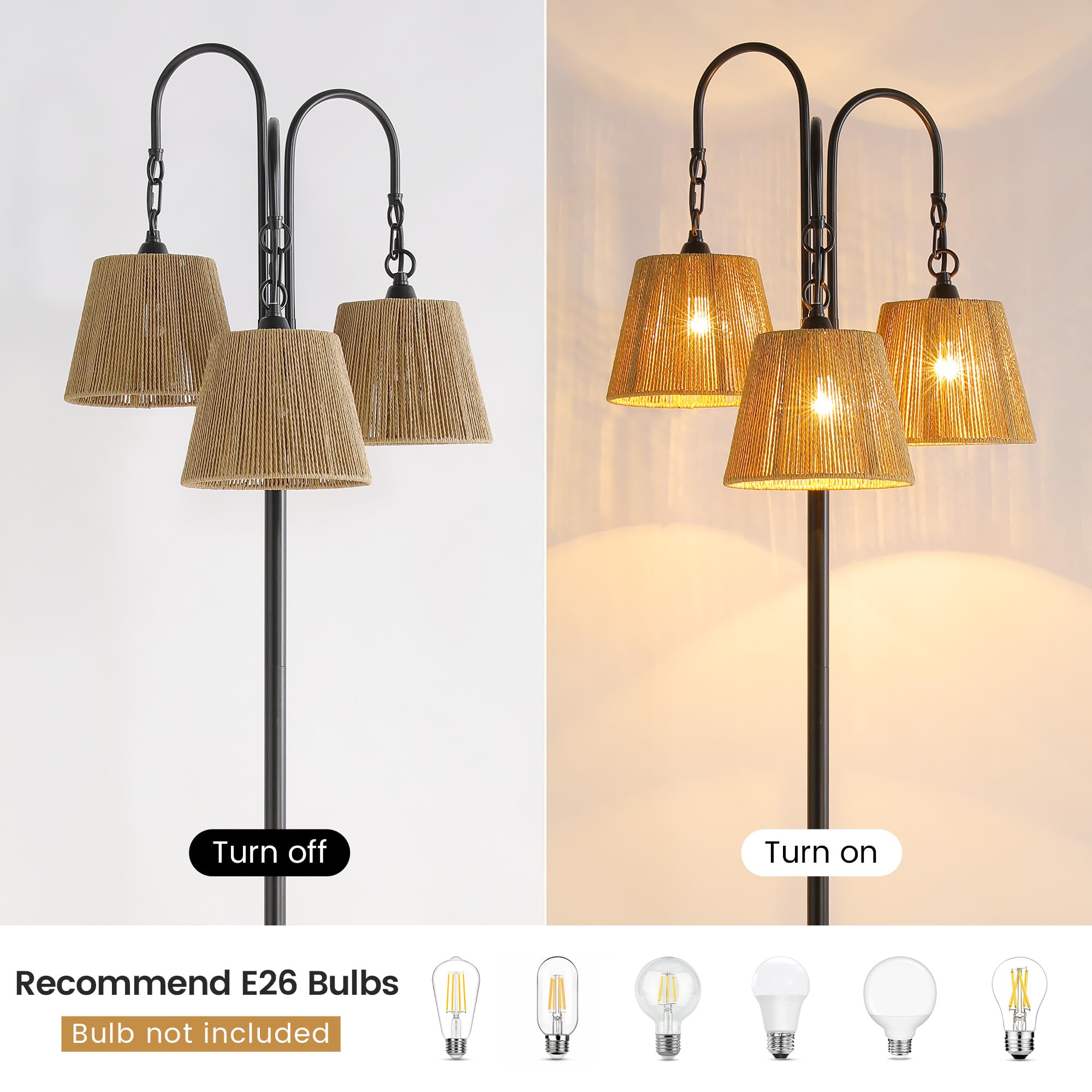 ZenGlimmer Rattan Floor Lamp - 68in Bohemian-Black, 3-Light Tree Lamp with Natural Shade, E26 Socket, Footswitch for Living Room or Bedroom