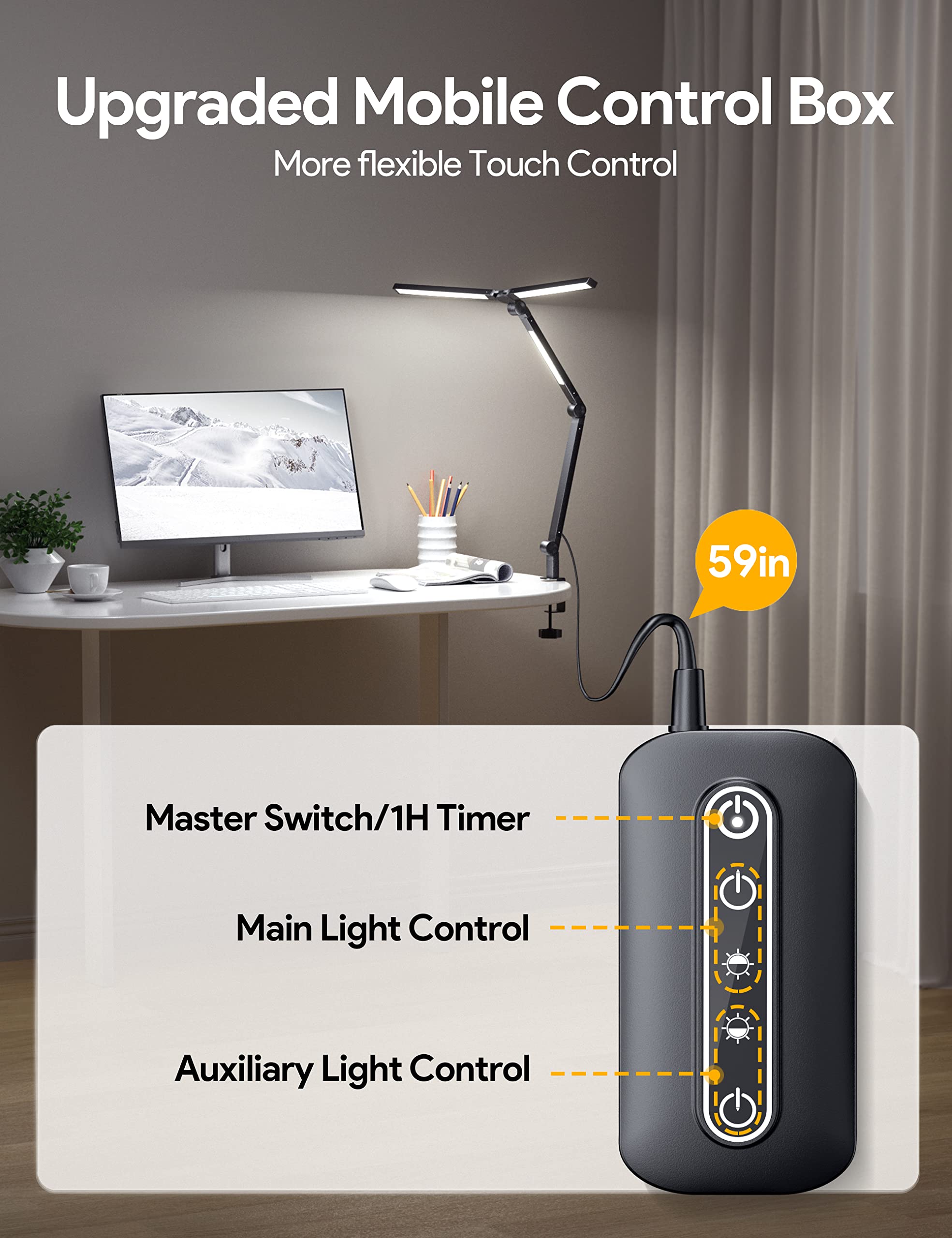 Mediacous Led Desk Lamp With Clamp - 20W, 3 Lights, 4 Color Modes, Eye-Caring And Flexible