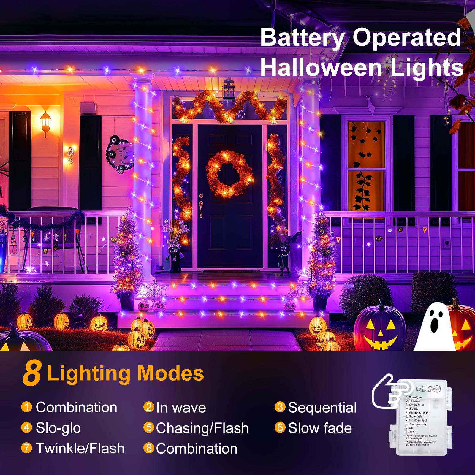 Minetom 2 Pack Halloween Lights Battery Operated, Total 80Ft 200 Led Rope Lights Outdoor, Halloween String Lights With Timer, 8 Mode, Battery Rope Lights For Outside Bedroom Indoor, Orange And Purple