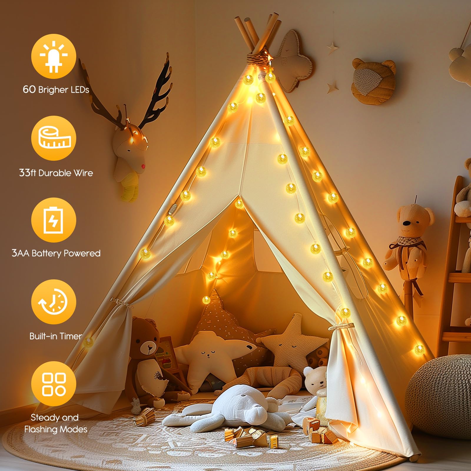 Minetom Crystal Globe String Lights, 33 ft, 60 LED, Waterproof, Battery Operated, Warm White, Remote with 8 Modes