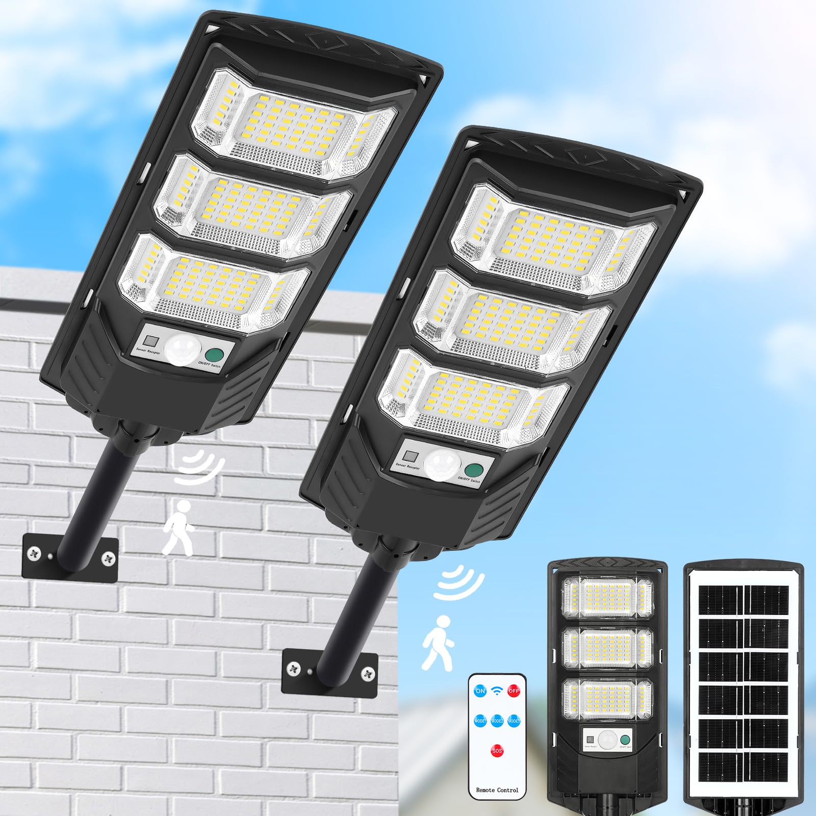 Solar Lights Outdoor Waterproof, 6500K Solar Street Lights Outdoor, LED Solar Flood Lights Dusk to Dawn with Motion Sensor and R
