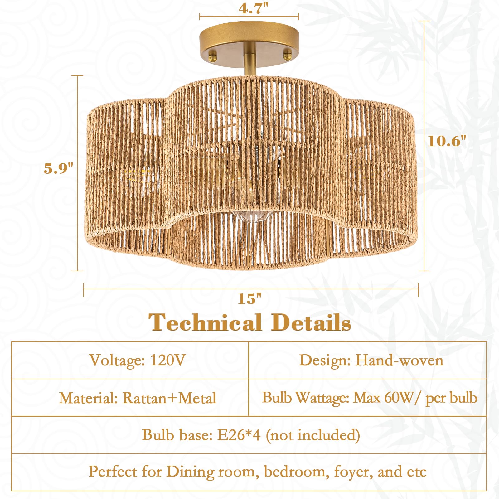 Sytpplan 4-Light Rattan Light Fixtures Ceiling Light, 15'' Semi Flush Mount Ceiling Light Wicker Boho Light Fixture With Hand-Wo