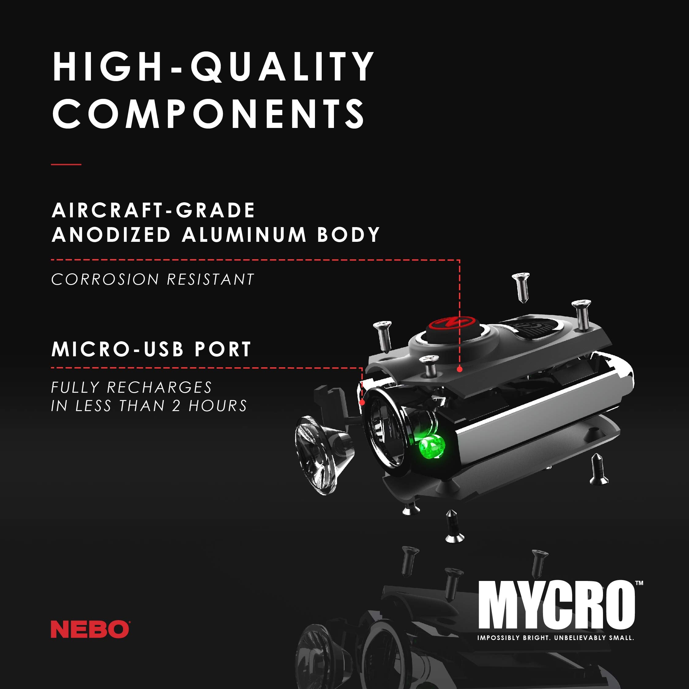 NEBO MYCRO Keychain Flashlight - 400 Lumens, 40H Run Time, Rechargeable, 6 Modes, Water Resistant, Model NEB-KEY-0003