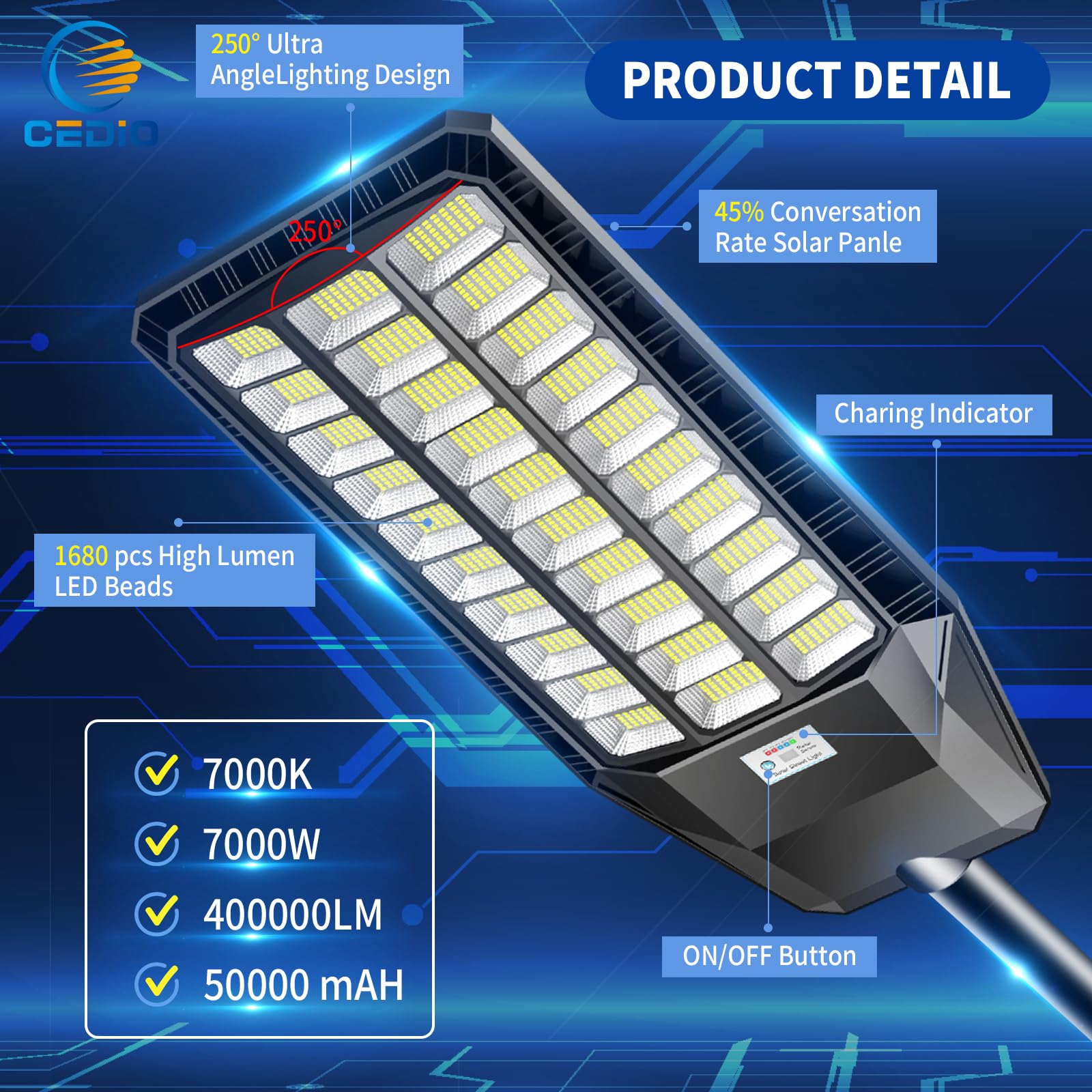 CEDIO Outdoor Solar Street Lights, Solar Lights IP66 Waterproof LED Street Light Dusk to Dawn, Flood Light with Motion Sensor fo