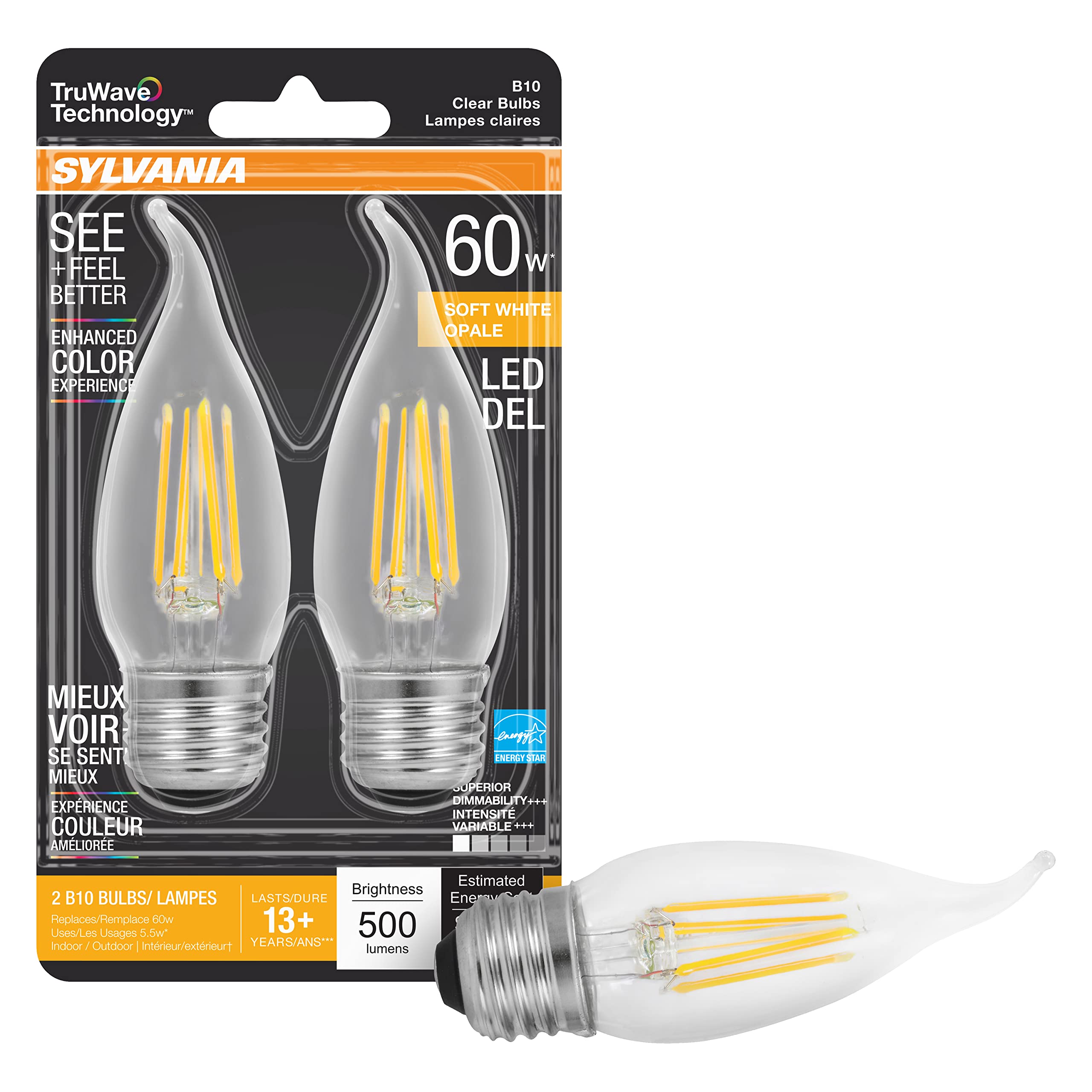 Sylvania Led Truwave Natural Series Candelabra Light Bulb, 60W Soft White Medium Base, Dimmable, Clear, Candle Tip - 2 Pack