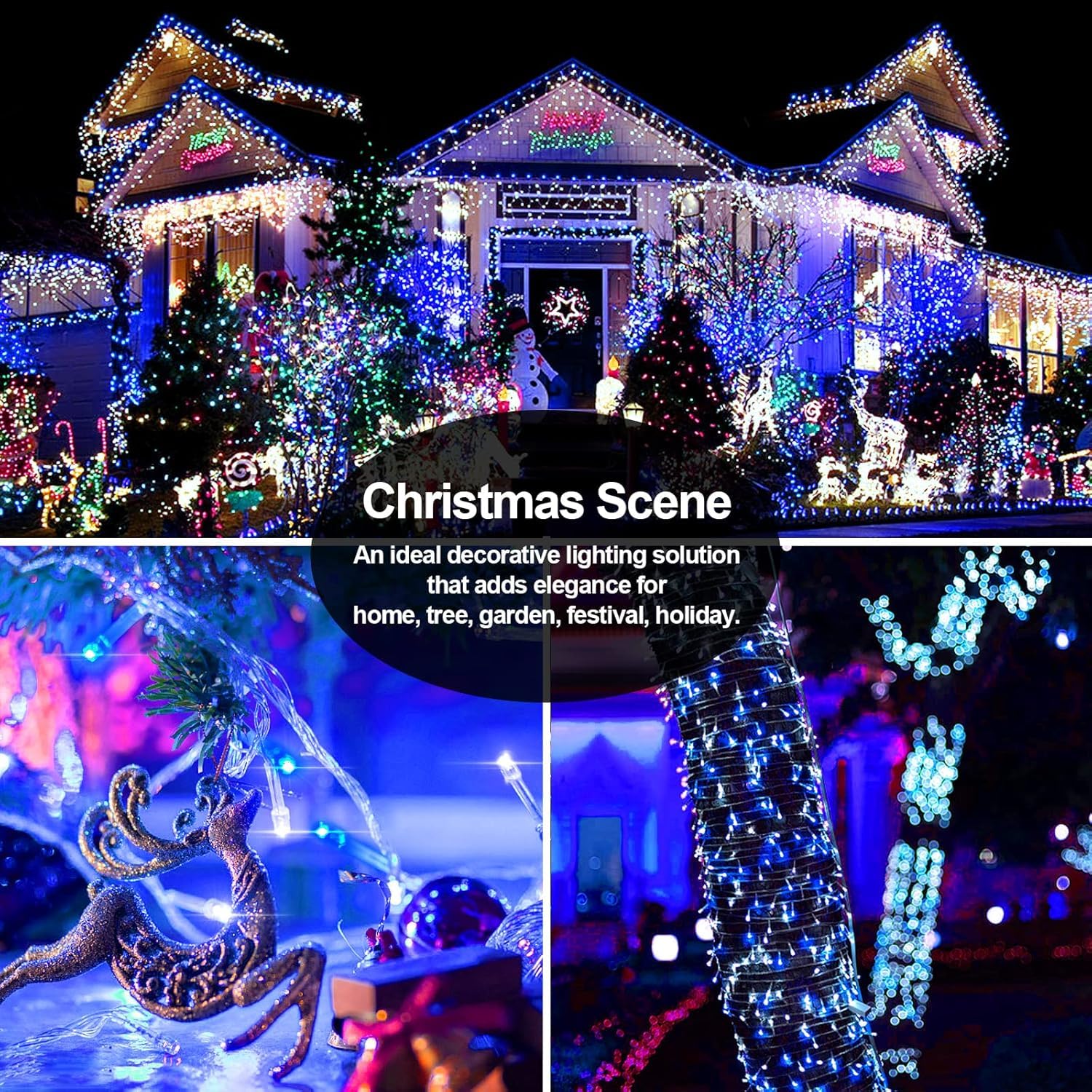 403 Ft 1000 Led Christmas Lights Outdoor Decorations Super Long Fairy Lights Waterproof 8 Modes Timer Clear Wire String Lights For Outside House Tree Patio Yard Wedding Party Holiday-Blue&White