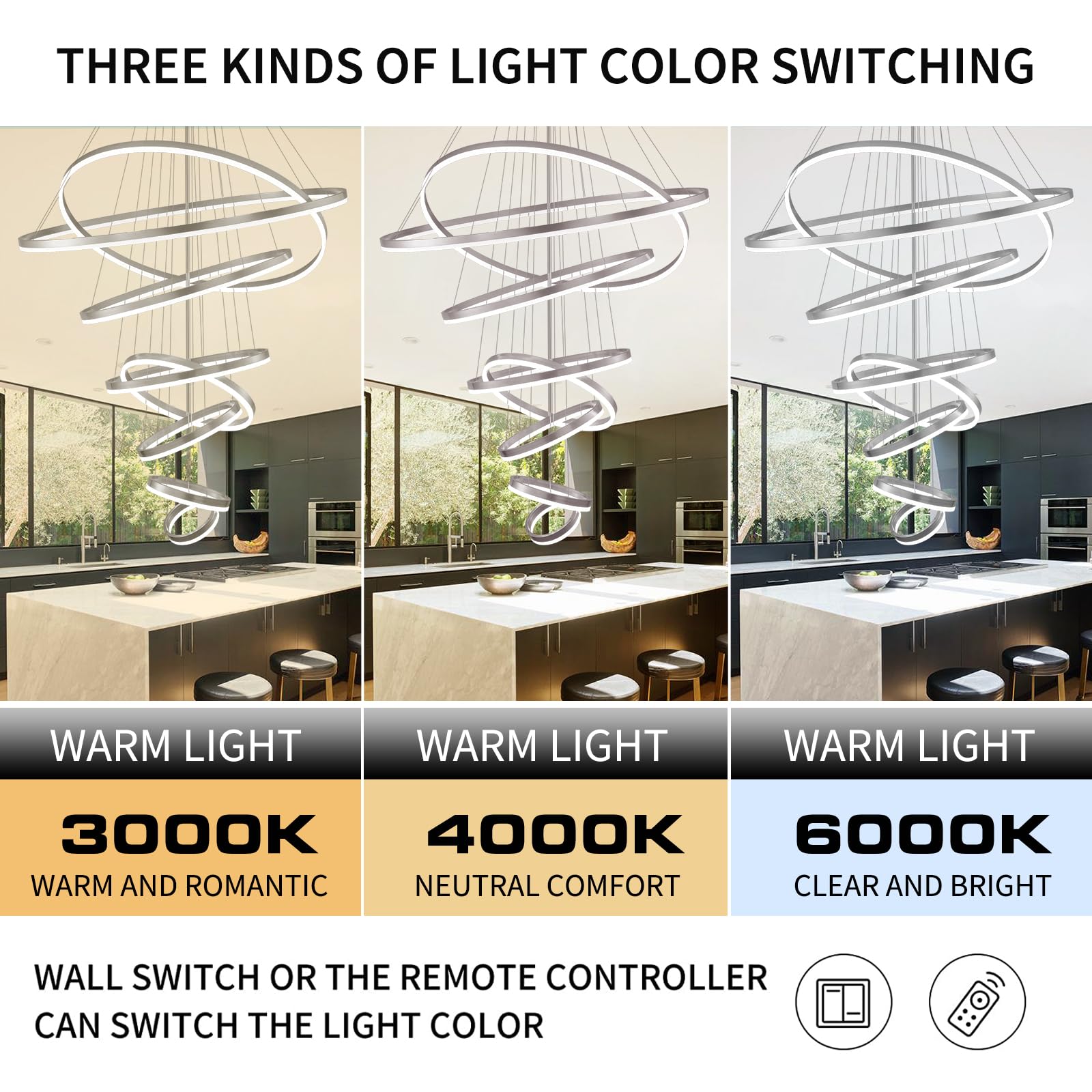 Embring 8 Rings Chandelier, 47.24" Modern Led Chandelier Extra Large Modern Chandeliers For High Ceiling,Long High Ceiling Chandelier For Staircase,Silver Dimmable Led Chandelier For Entryway