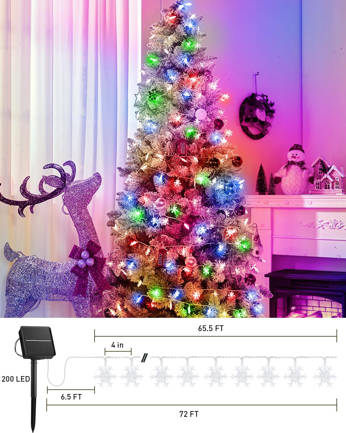 Brightown Solar Snowflake String Lights, 200 LED, 72FT, Multicolor, Waterproof, 8 Lighting Modes for Outdoor and Indoor Use