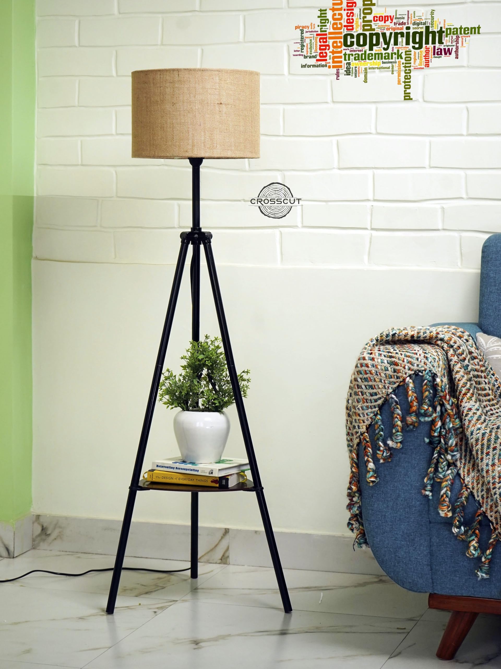 Crosscut Furniture Metal Floor Lamp with decorative shelf (Natural Jute)
