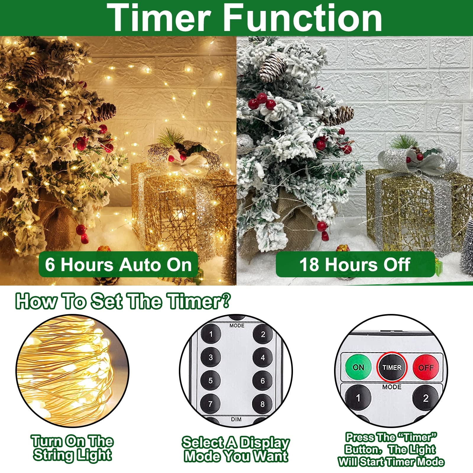 Turnmeon 240 Led Warm White Copper Wire String Lights - 80Ft, 8 Modes, Battery Operated, Waterproof