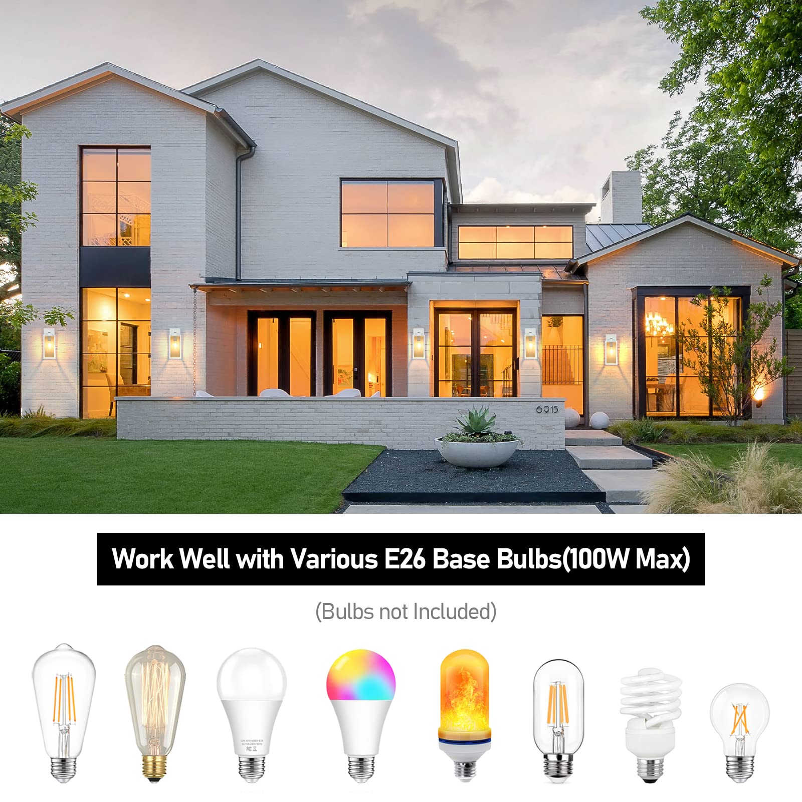 BesLowe Outdoor Wall Light Fixtures, Waterproof Lanterns, E26 Sockets, Glass Shades, 2-Pack, White, Model B04013P(2PK)-WH