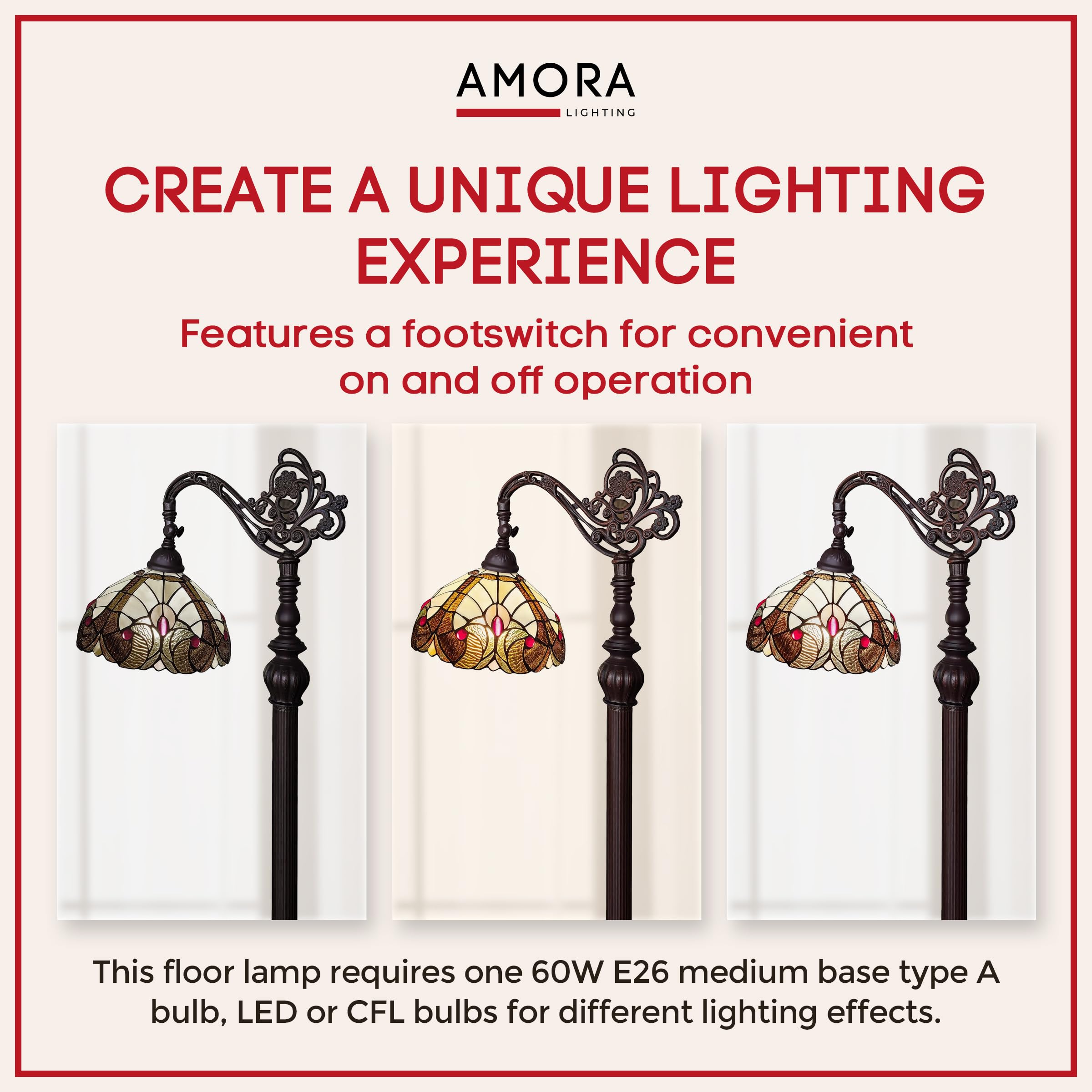Amora Tiffany Style Floor Lamp, 62" Tall Vintage Stained Glass, Multicolored, Model AM344FL12 for Living Room & Bedroom Decor