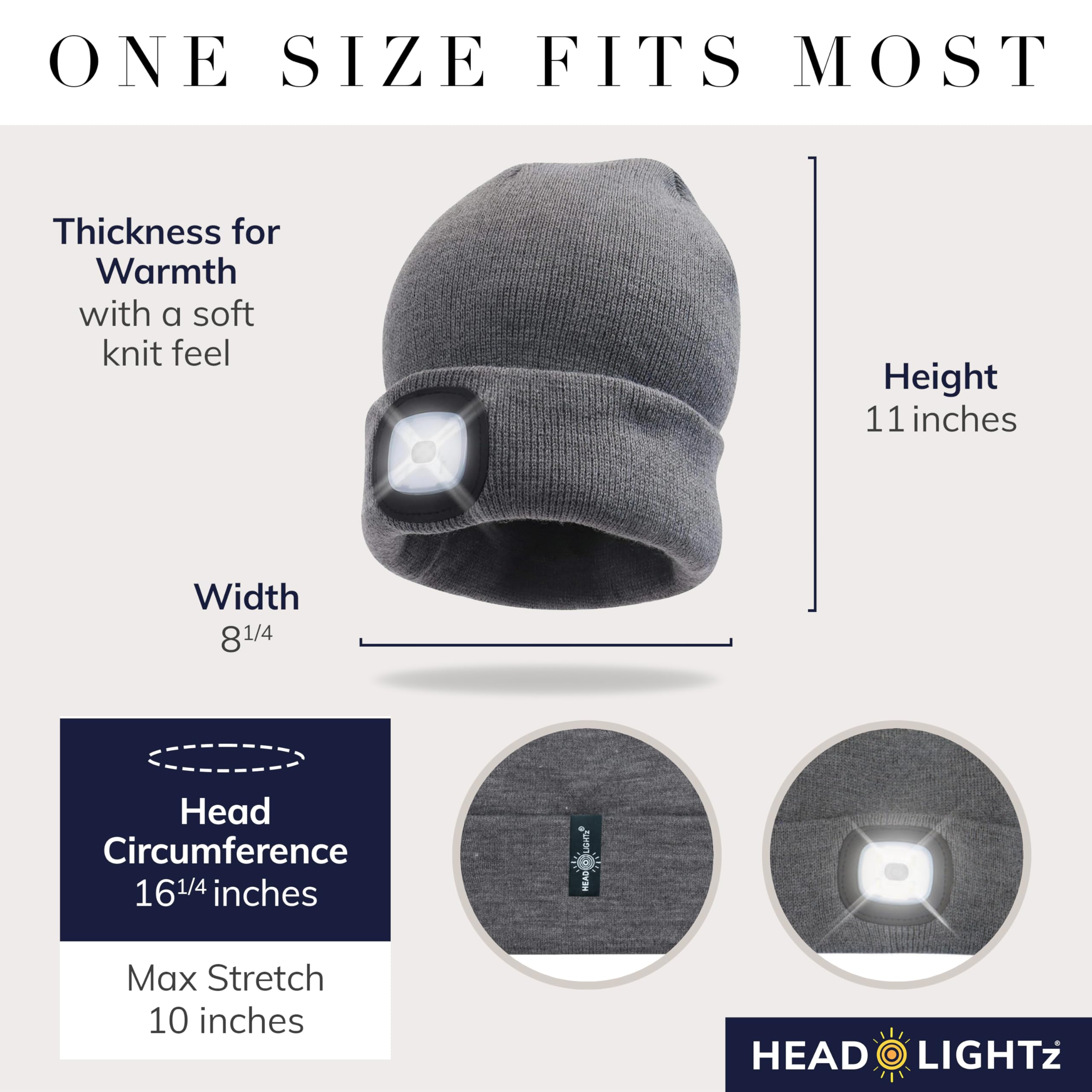 HEAD LIGHTZ LED Beanie Hat - Rechargeable Knit Beanie, One Size Fits Most, Gray