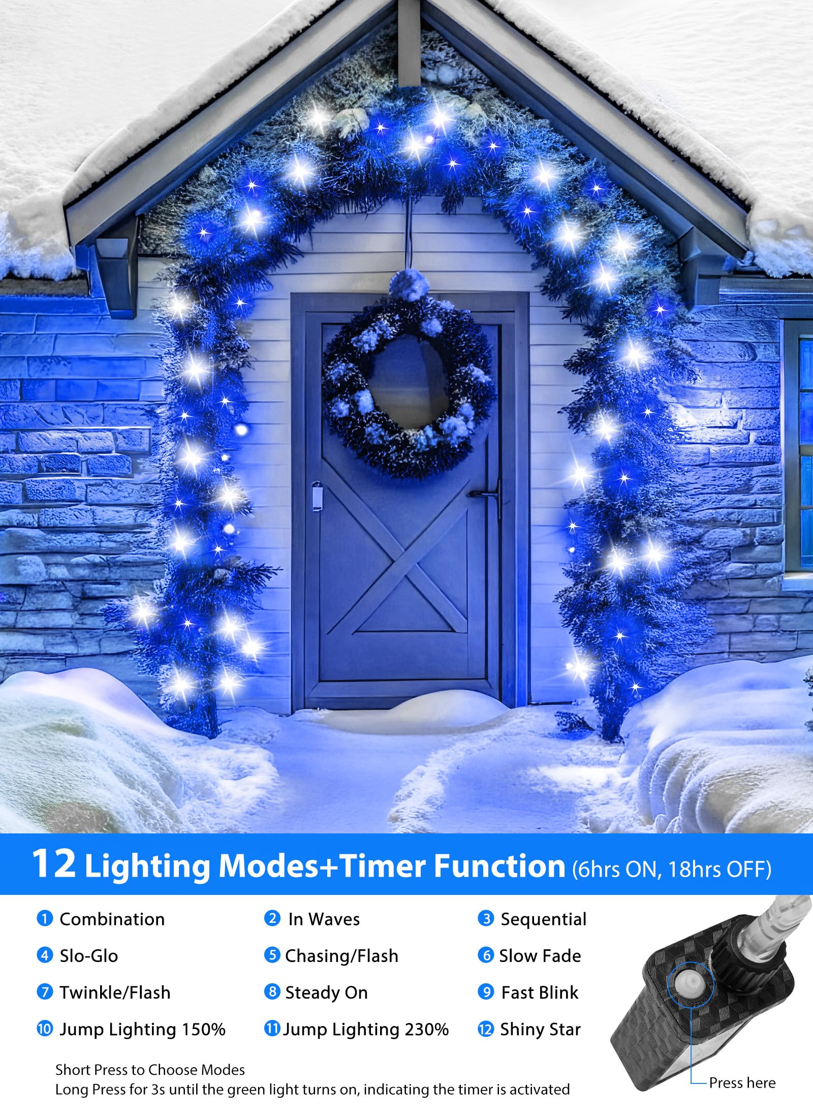 Minetom Christmas Lights - 200 LED Outdoor String Lights, 10FT, Blue & Cool White, 12 Modes, Waterproof, Connectable