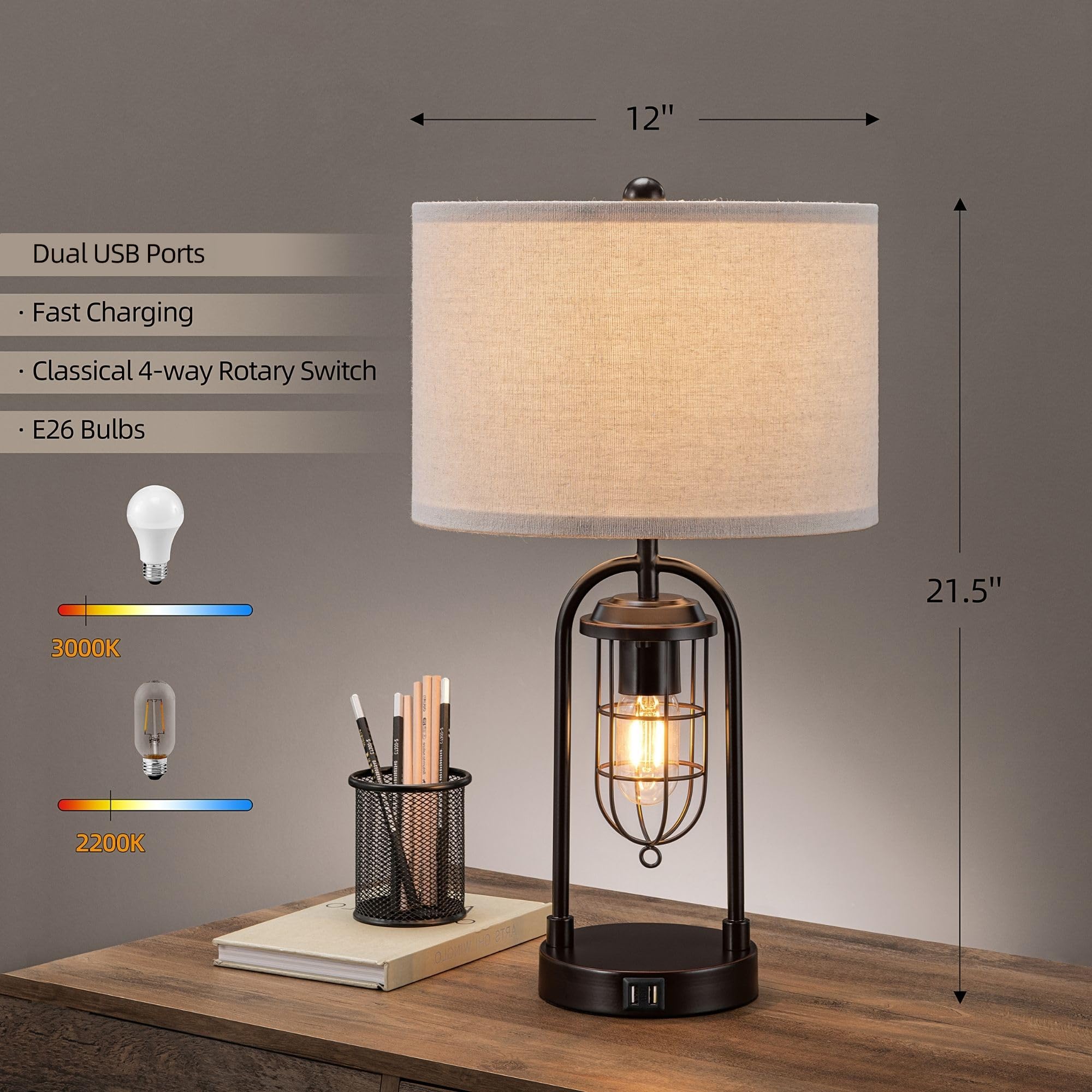 Kawoti Set Of 2 Farmhouse Table Lamps With Usb Ports And Night Light Modern Nightstand Lamp For Living Room Bedroom(Bulbs Included)