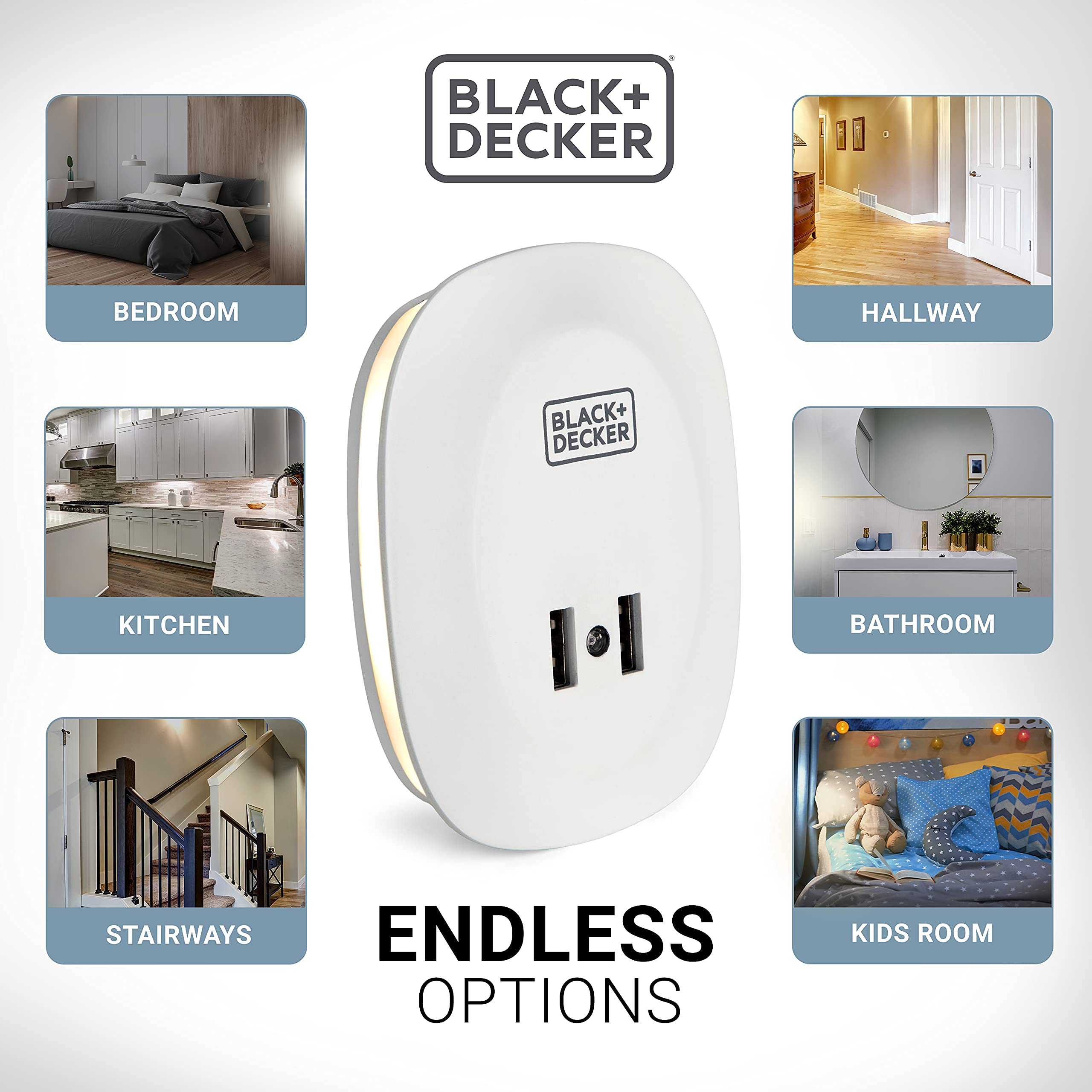 BLACK+DECKER Night Light with 2 USB Ports, Photocell Sensor, 10 Lumen, 2 Pack, Plastic