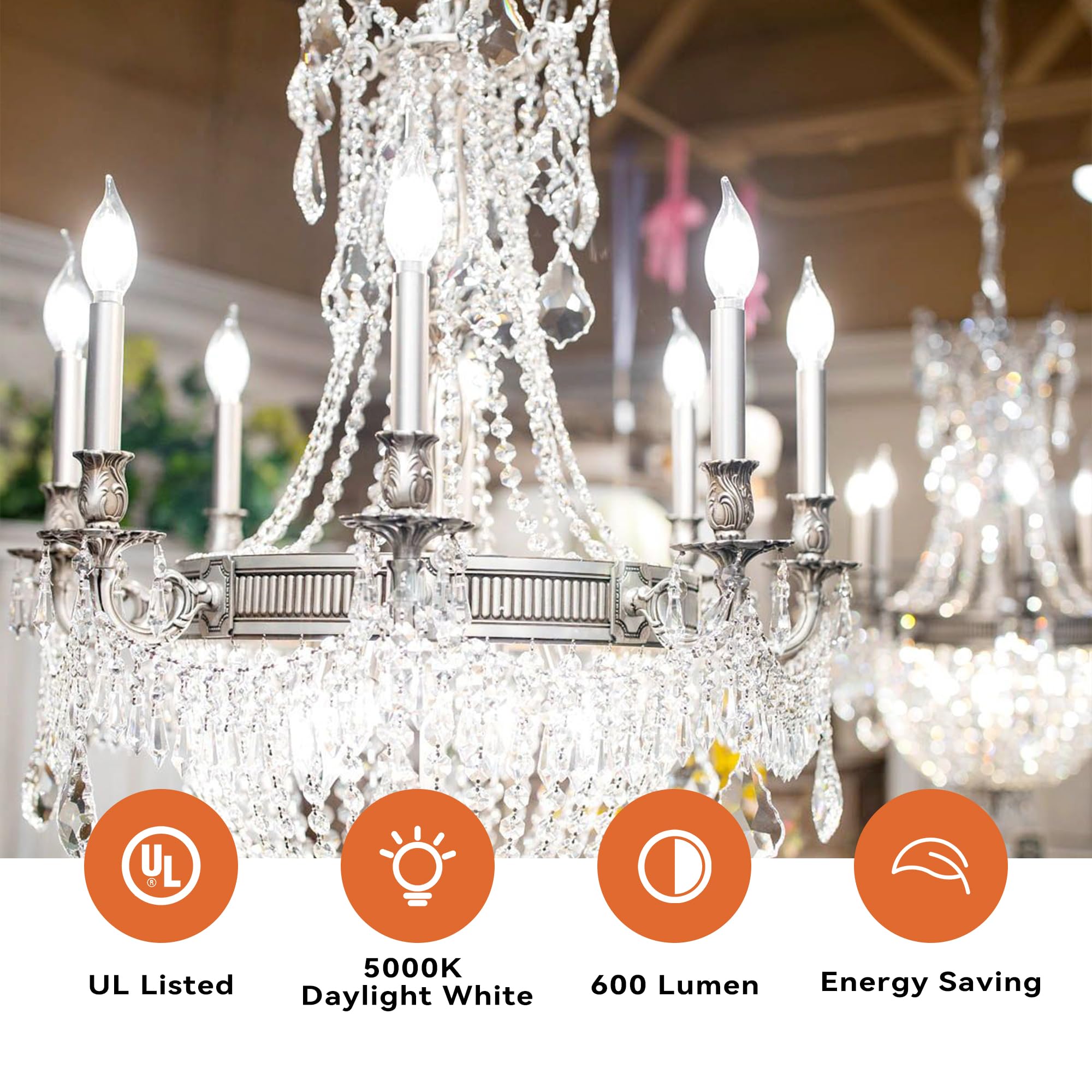Tjoy Led Candelabra Bulb Dimmable, 60W Equivalent Led Chandelier Light Bulbs, 5.5W 5000K Daylight 600Lm Ca11 Flame Tip Vintage Filament Candle Light With Decorative E12 Candelabra Base, 12 Pack
