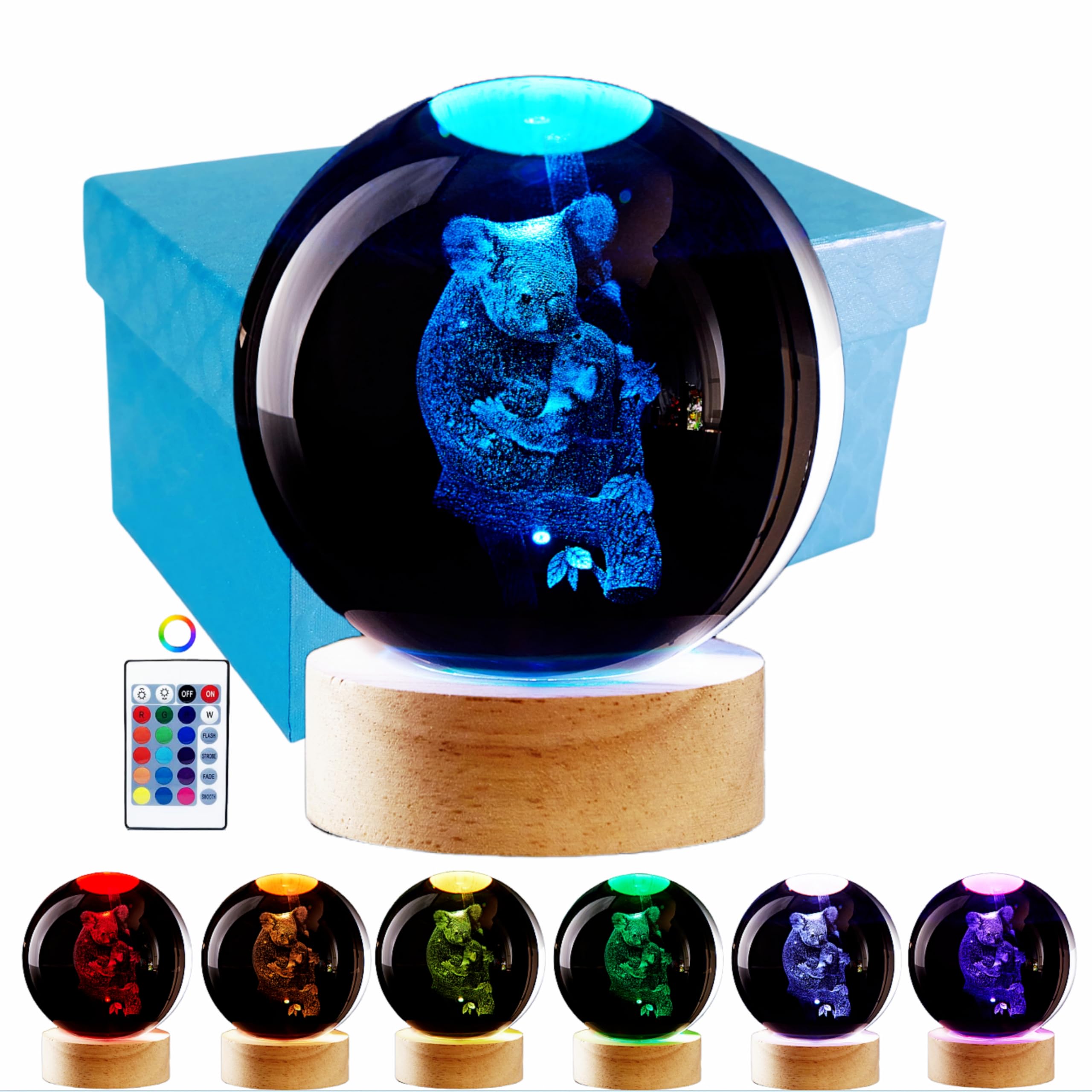 3D Koala Crystal Ball Lamp,Lifelike Bear Crystal Night Light,16 Colors Changing Light,Dimmable Remote Control,Desk Koala Lamp (M