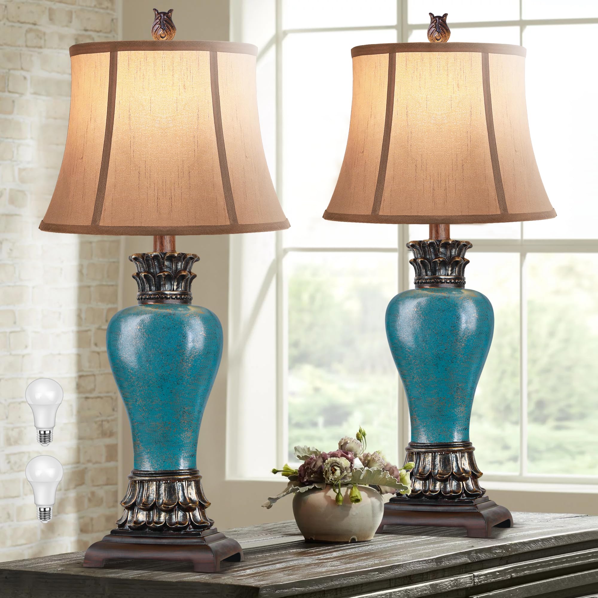Hamucd 29'' Set of 2 Farmhouse Rustic Table Lamps for Living Room,3-Color Temperature Dimmable Blue Southwest Bedroom Lamps for 