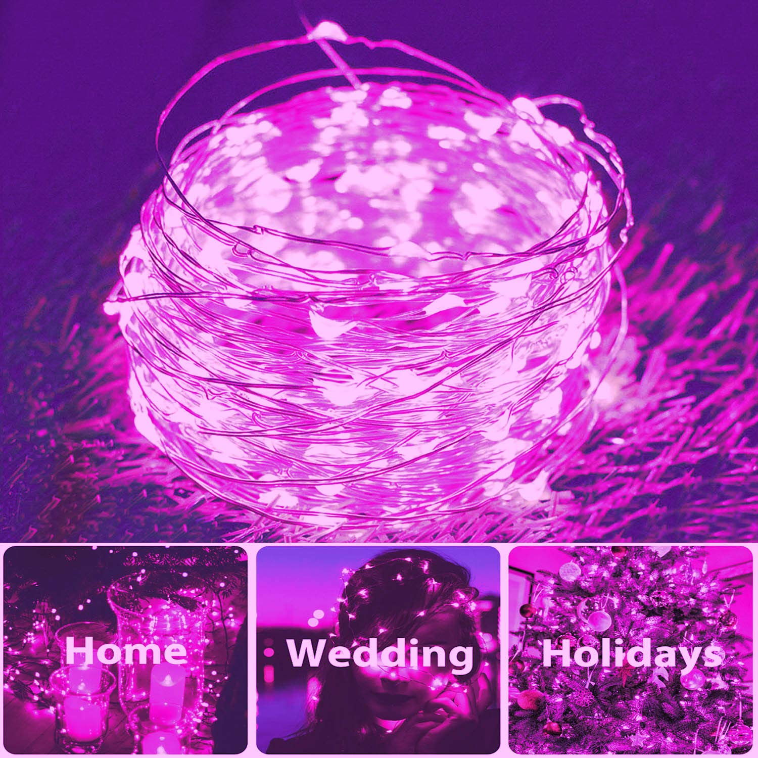 Daylightir 2 Pack Total 200 Led Solar Powered Copper Wire String Lights Outdoor, Waterproof, 8 Modes Fairy Lights For Valentines Day Decor, Garden, Patio, Party, Christmas, House (Pink)