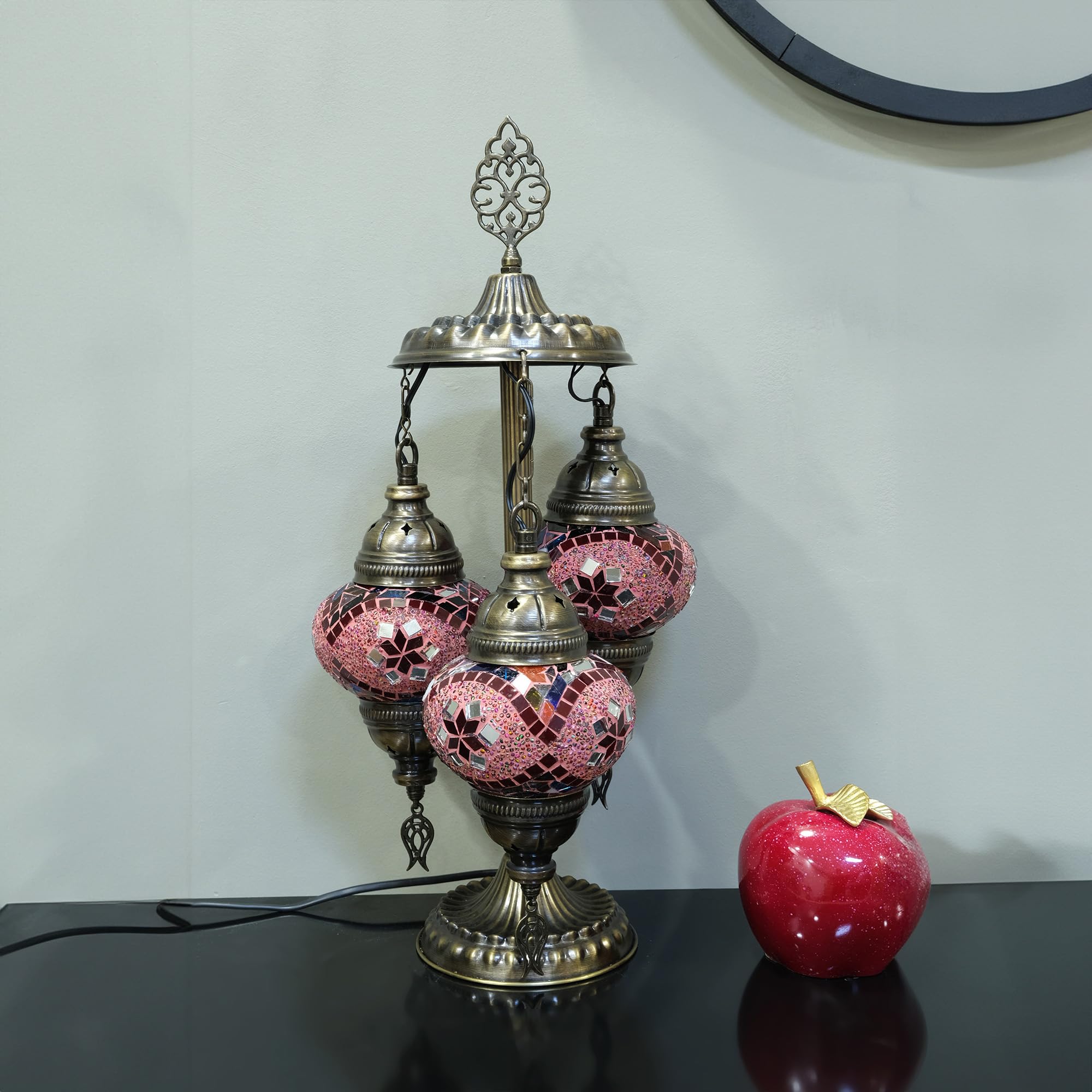 Asylove Turkish Lamp, 3 Globe Mosaic Table Lamp, 12x12x24 inch, Glass, Redmix, Model 3GlobeAPNo2