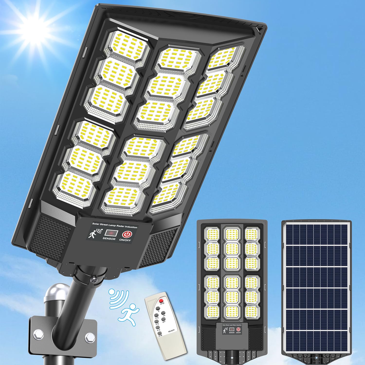 Solar Street Lights Outdoor - Wide Angle Solar Flood Lights Waterproof with Motion Sensor, 6500K Parking Lot Lights Dusk to Dawn