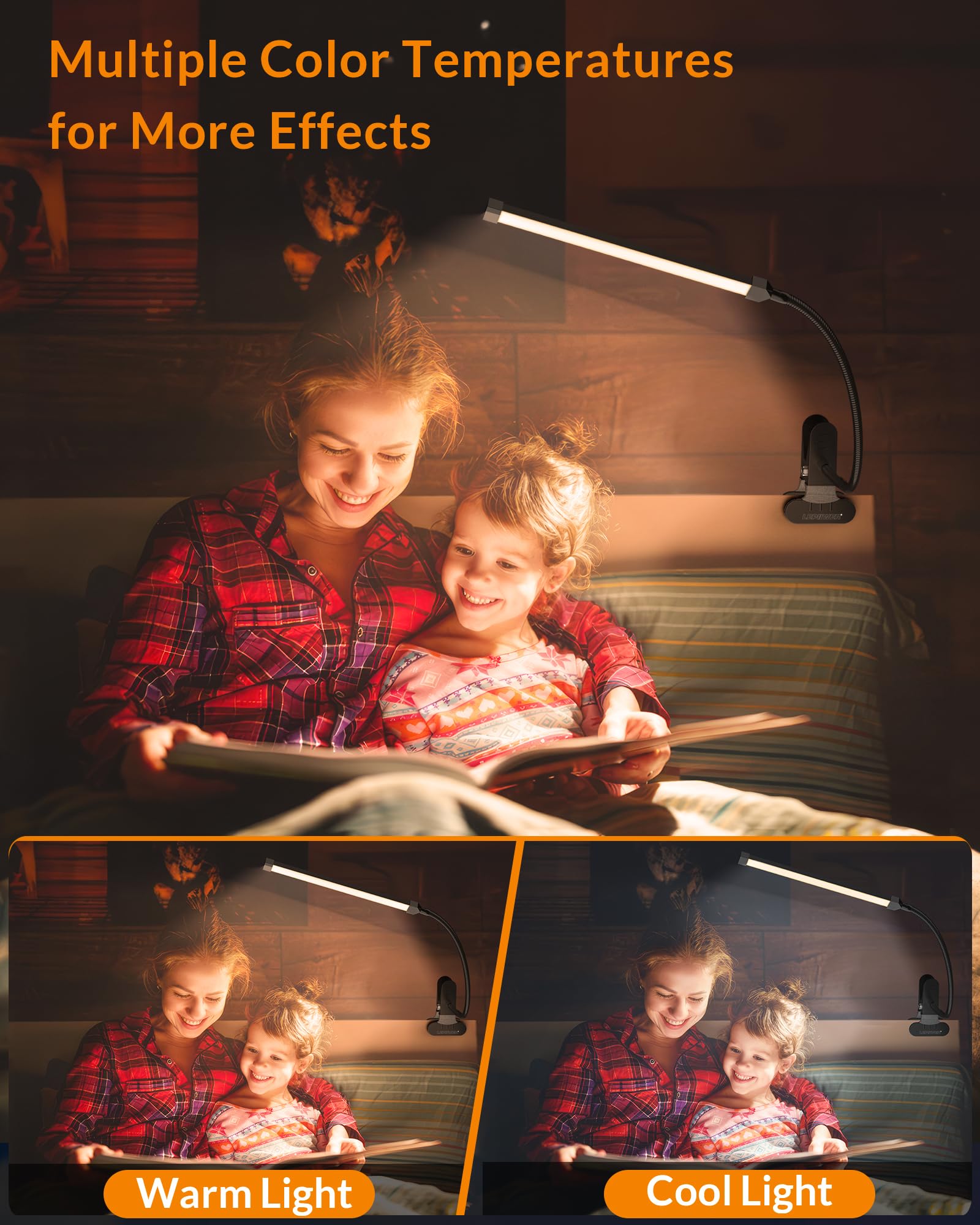 LEPOWER 5W Clip-On LED Light, Adjustable Color Temp, Gooseneck, Black, Model 90801-05, Ideal for Reading and Piano Use