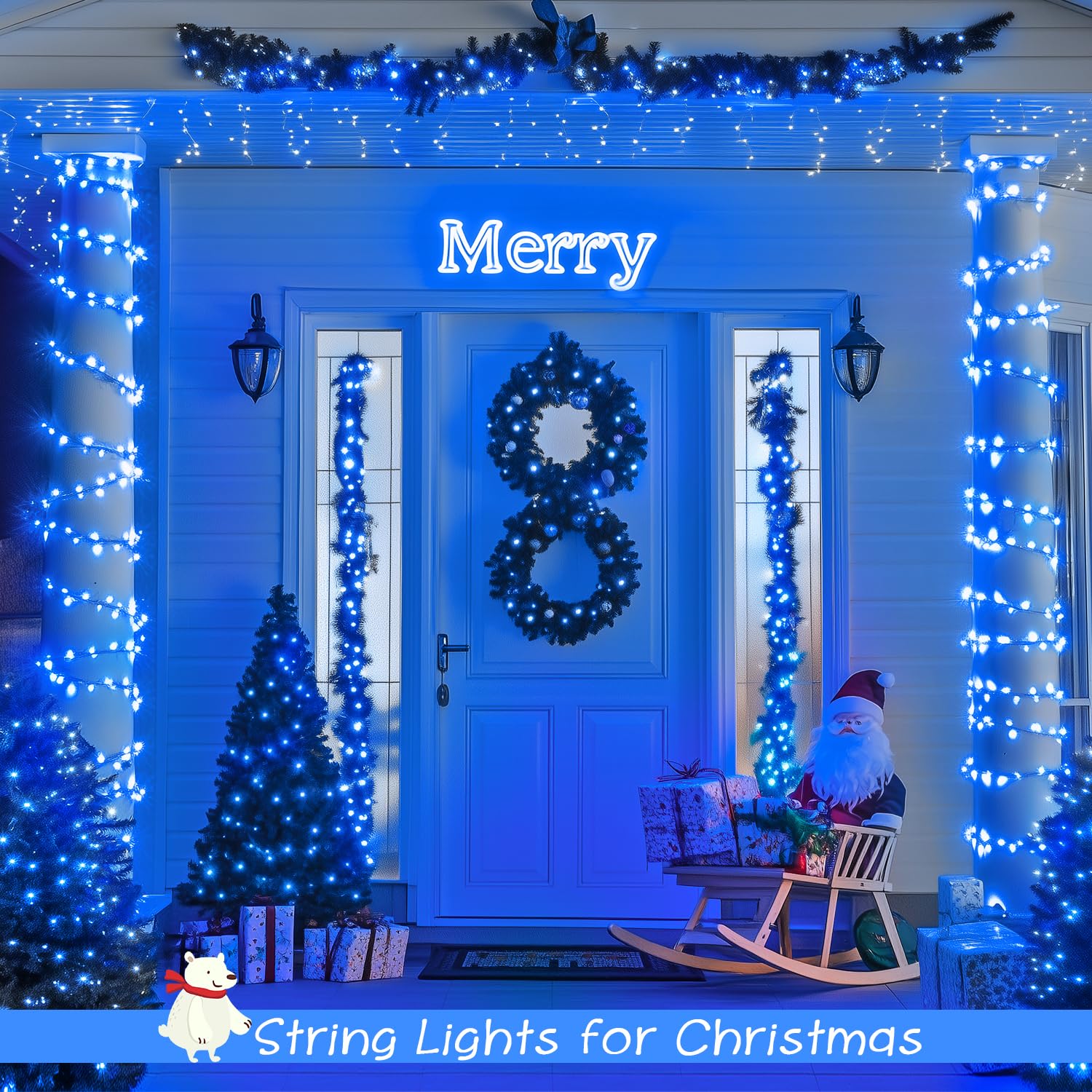 Jmexsuss 100 Led Blue Christmas Lights, 33Ft Waterproof String Lights, 8 Modes For Indoor/Outdoor Decorations, Model Exs-S-0100