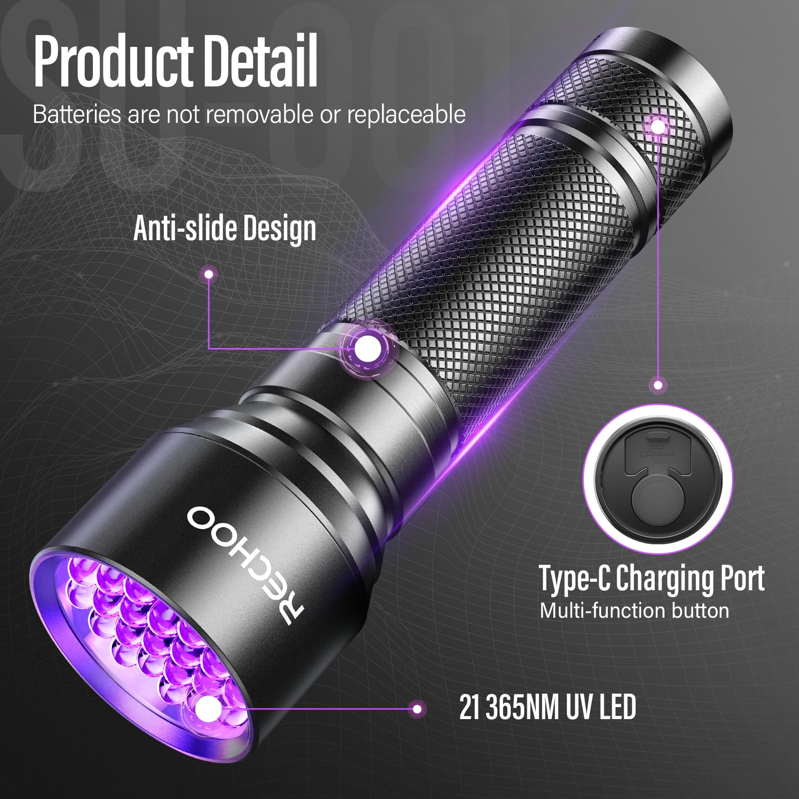 RECHOO UV Flashlight Black Light, 21 LED 395nm Rechargeable Waterproof Flashlight for Pet Urine Detection and Stain Removal, 1 Pack