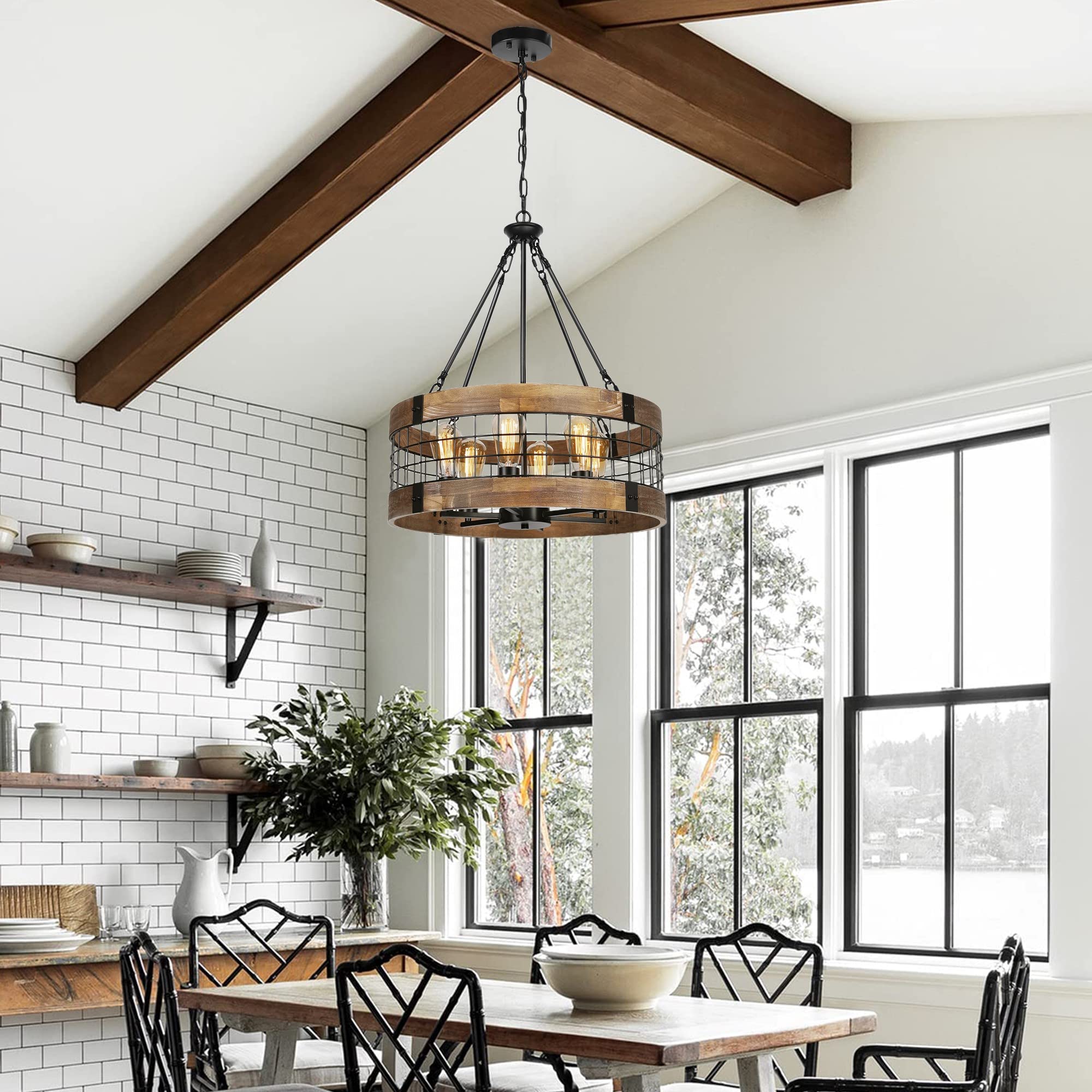 Acnktz 6-Light Farmhouse Chandelier For Entryway, Rustic Dining Room Light Fixtures, Industrial Drum Hanging Lighting For Kitche