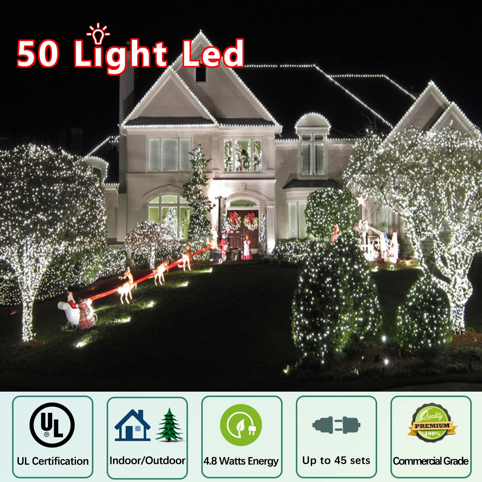 Wominoy 25Ft 50 Counts Cool White Led Christmas Lights - Commercial Grade White Christmas Lights Outdoor Waterproof, Led String